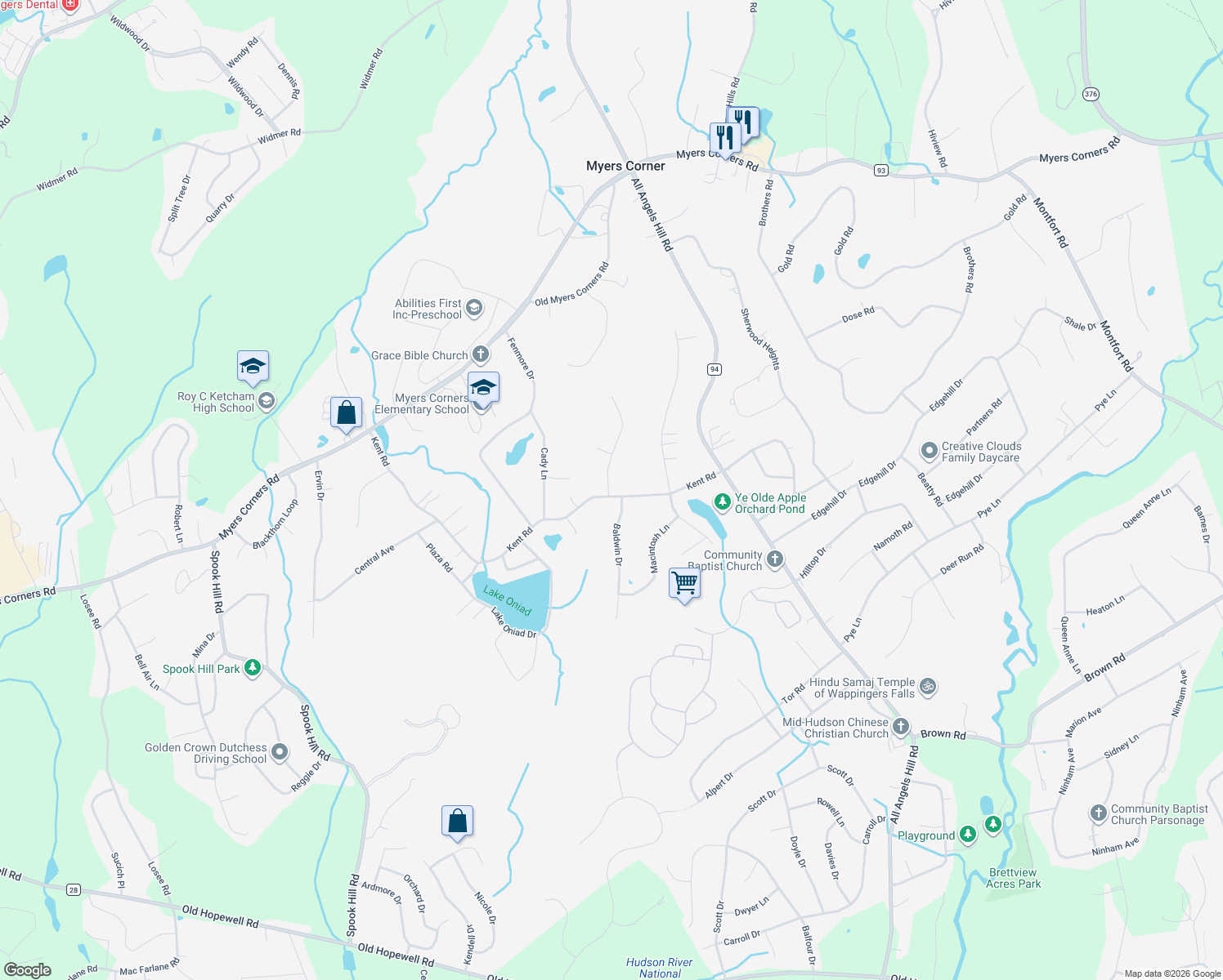 map of restaurants, bars, coffee shops, grocery stores, and more near 83 Kent Rd in Wappingers Falls