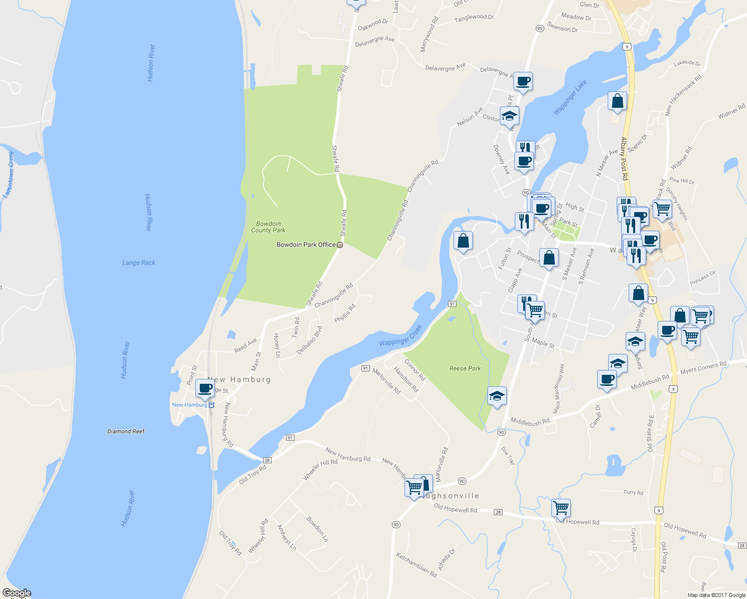 map of restaurants, bars, coffee shops, grocery stores, and more near 11 Donny Drive in Wappingers Falls