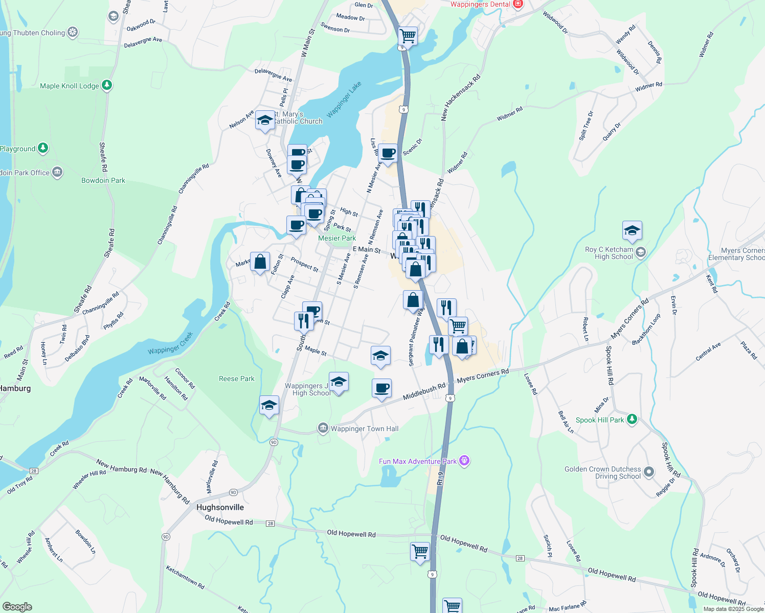 map of restaurants, bars, coffee shops, grocery stores, and more near 53 Wenliss Terrace in Wappingers Falls