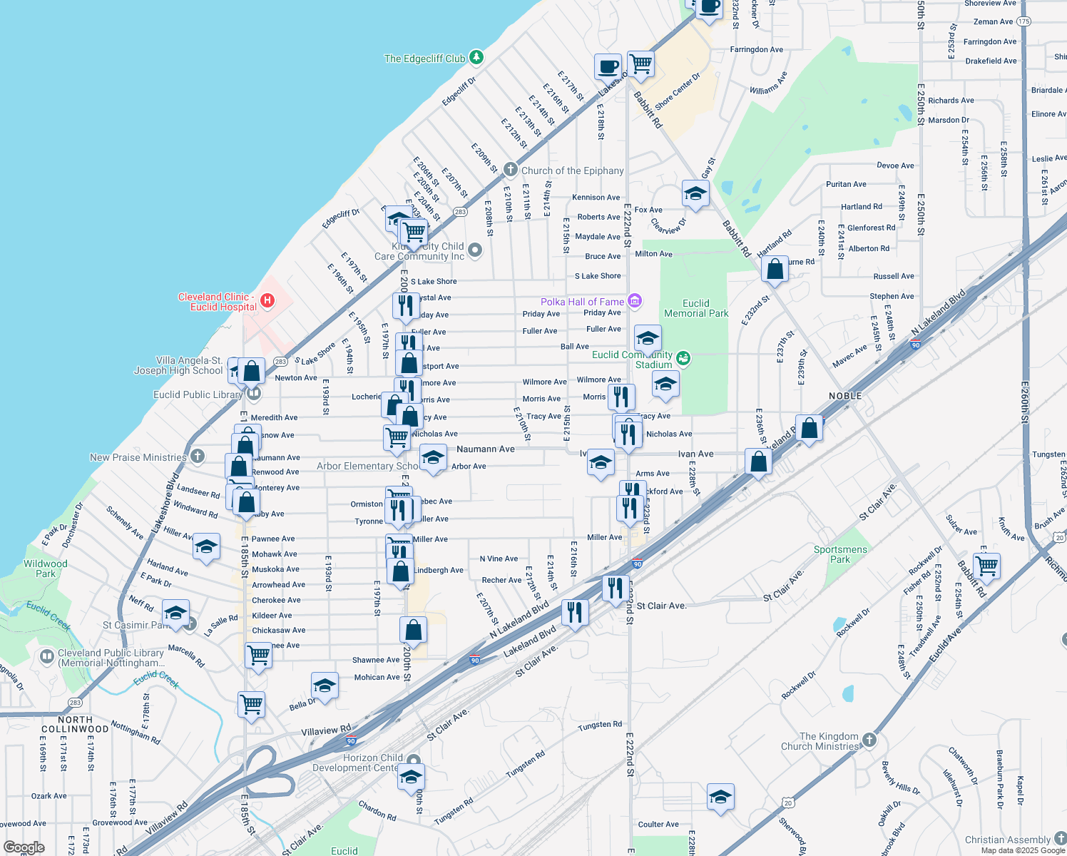 map of restaurants, bars, coffee shops, grocery stores, and more near 21201 Nicholas Avenue in Euclid