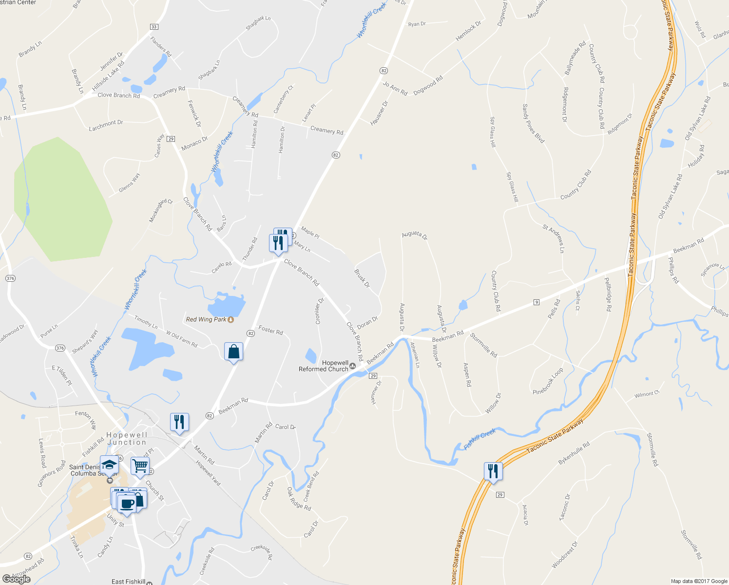 map of restaurants, bars, coffee shops, grocery stores, and more near 20 Brusk Drive in Hopewell Junction