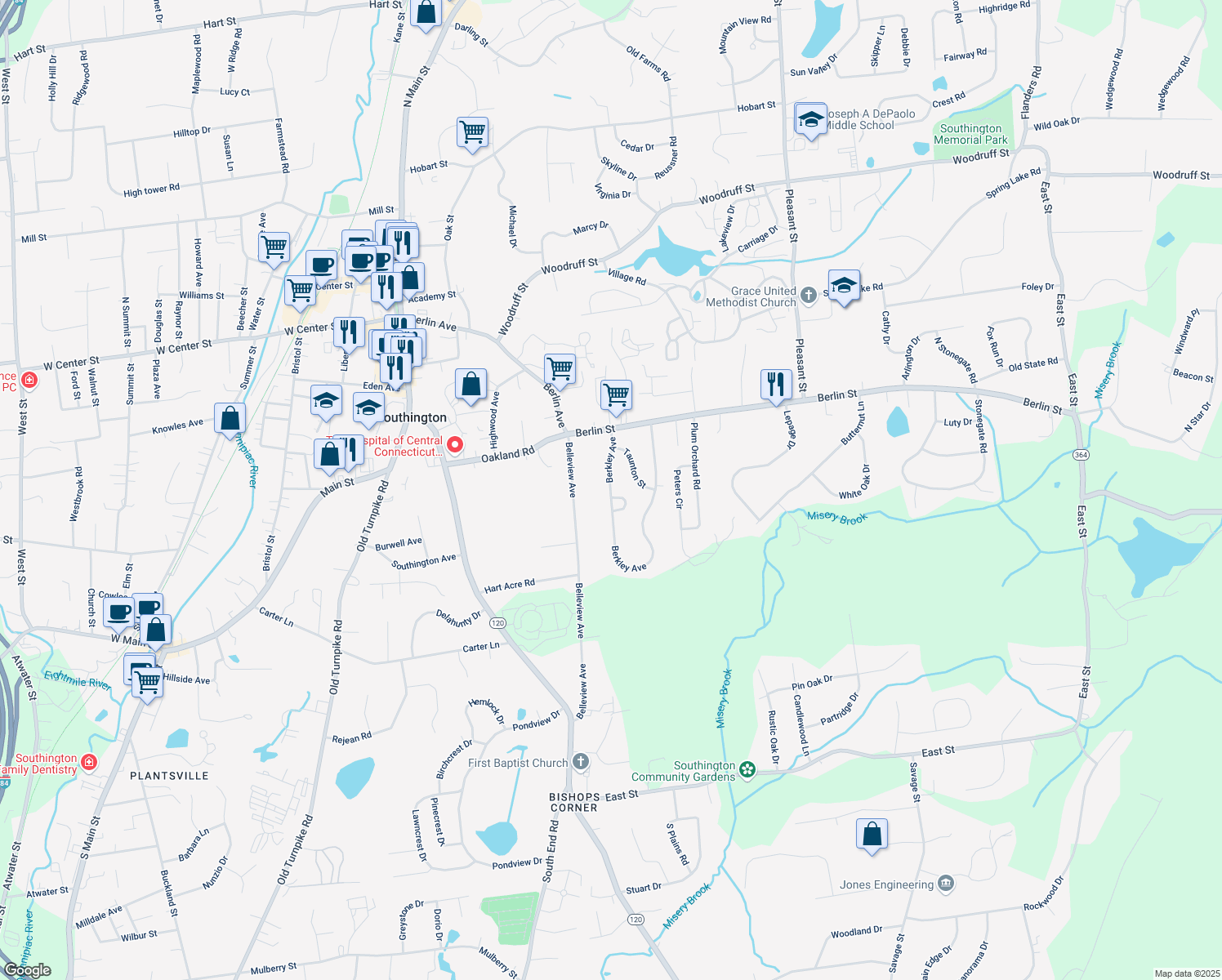 map of restaurants, bars, coffee shops, grocery stores, and more near 26 Berkley Avenue in Southington