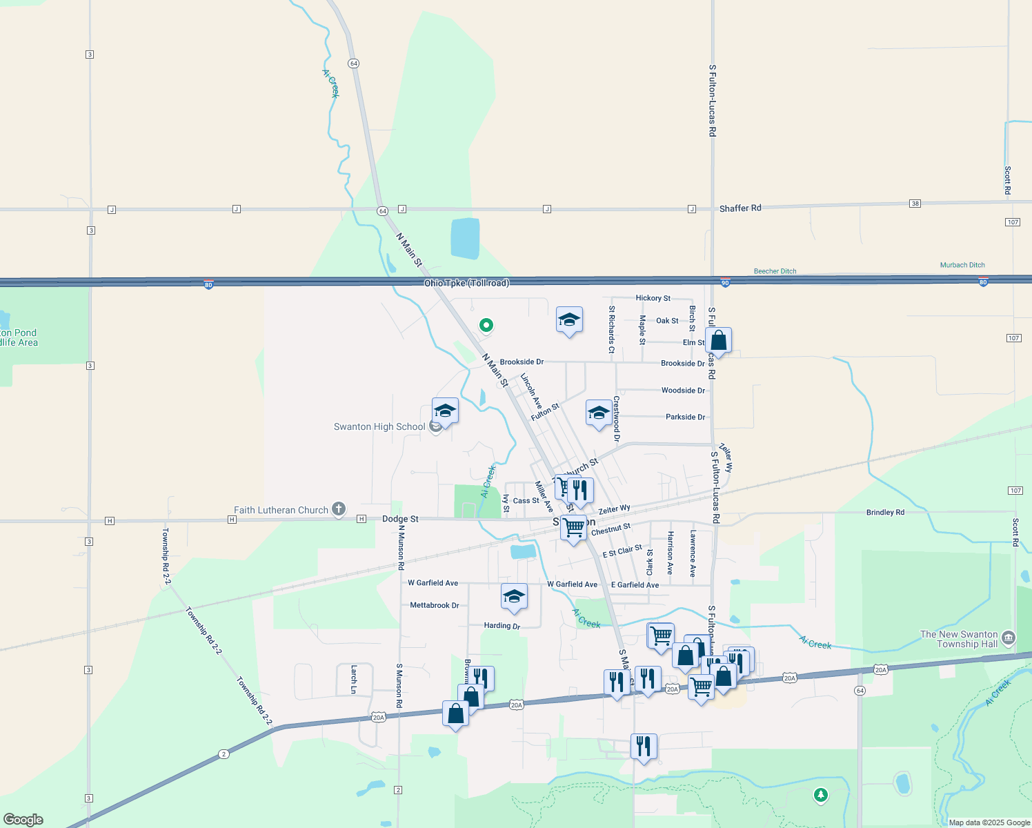 map of restaurants, bars, coffee shops, grocery stores, and more near 309 N Main St in Swanton