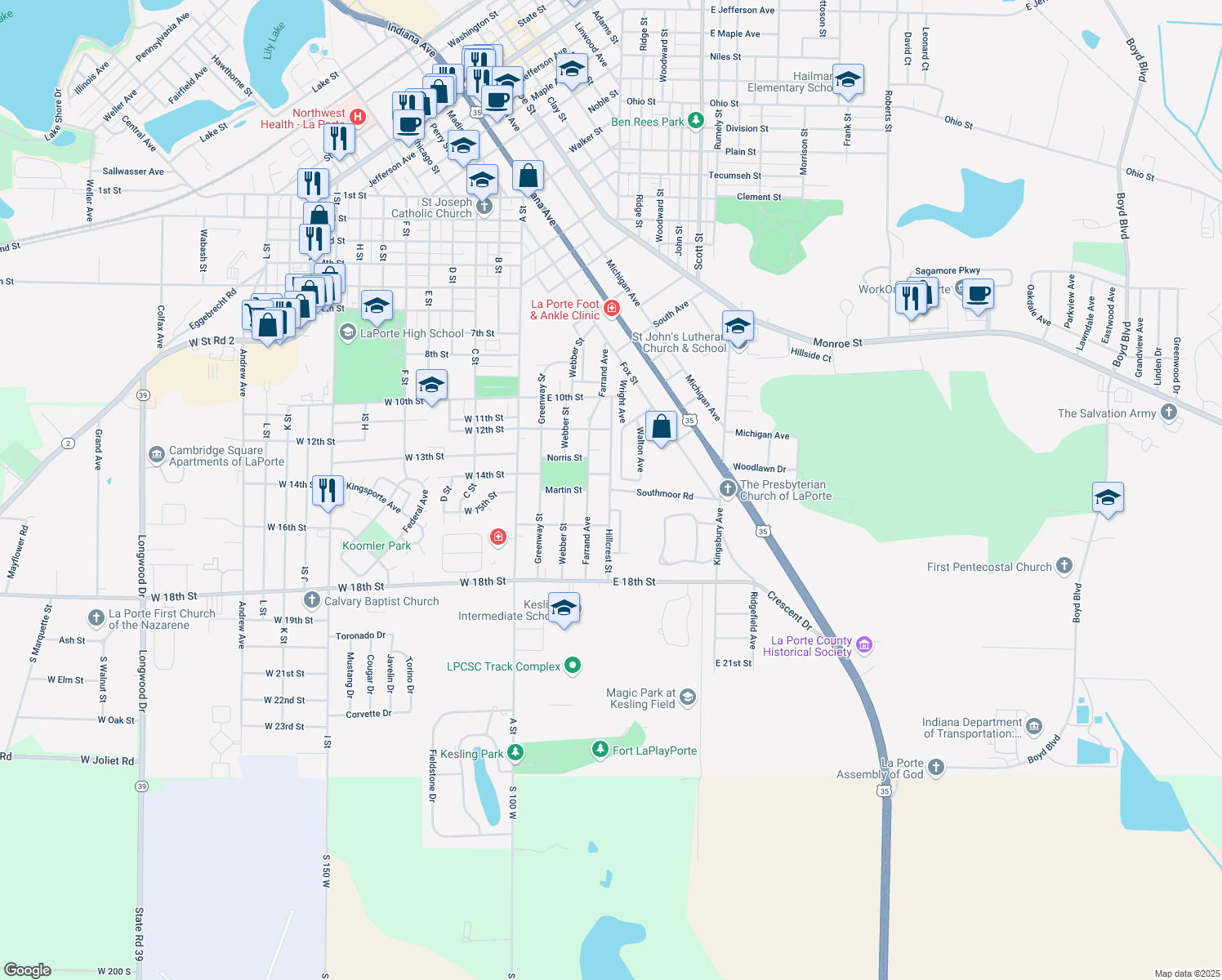 map of restaurants, bars, coffee shops, grocery stores, and more near 427 Southmoor Rd in La Porte
