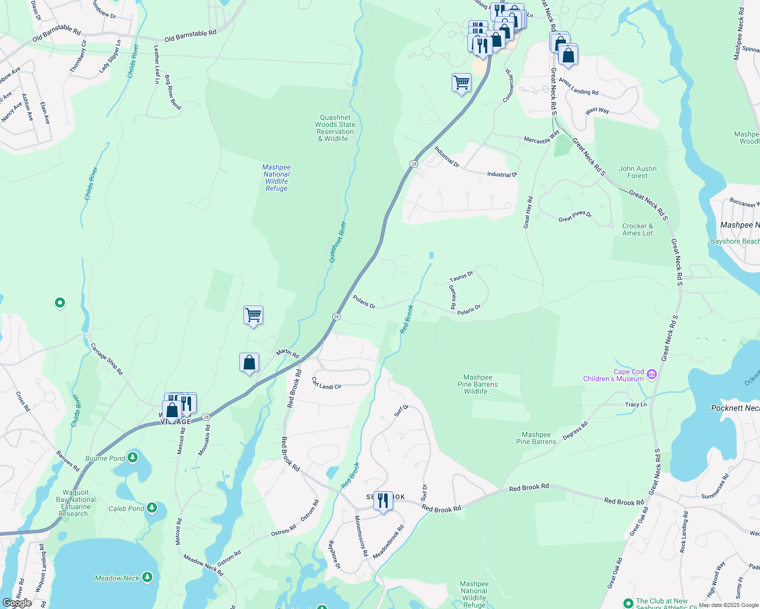 map of restaurants, bars, coffee shops, grocery stores, and more near 14 Polaris Dr in Mashpee