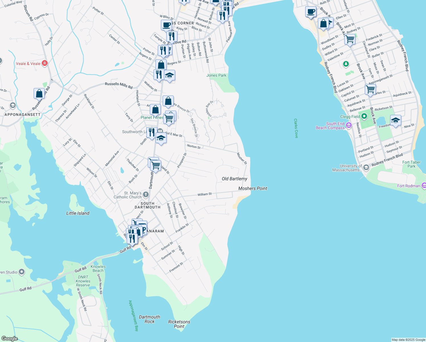 map of restaurants, bars, coffee shops, grocery stores, and more near 15 Clarks Cove Drive in Dartmouth