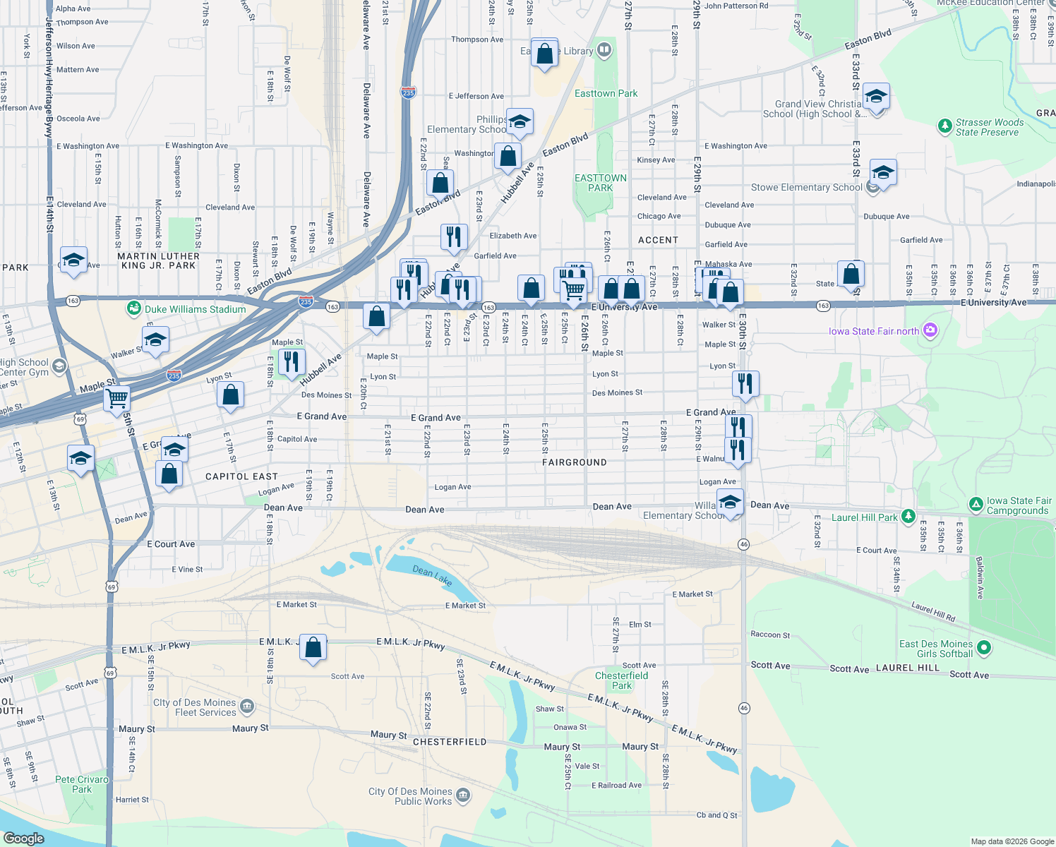 map of restaurants, bars, coffee shops, grocery stores, and more near 2433 East Grand Avenue in Des Moines