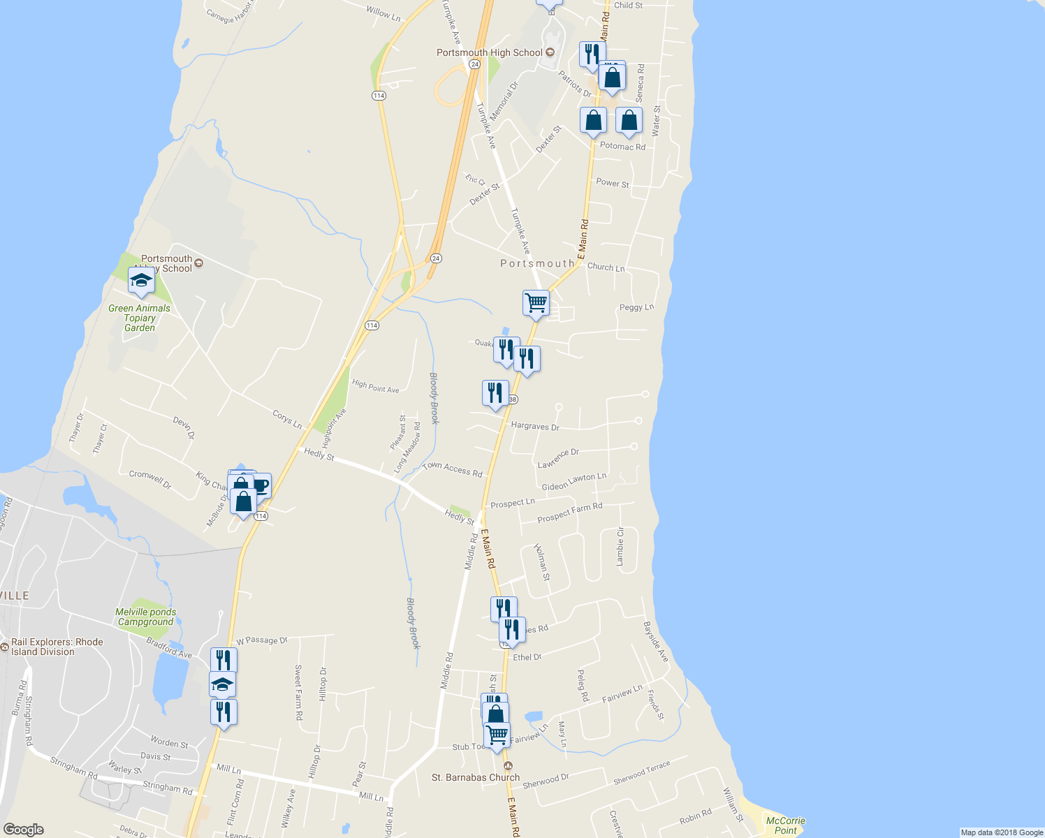 map of restaurants, bars, coffee shops, grocery stores, and more near 24 Hargraves Drive in Portsmouth