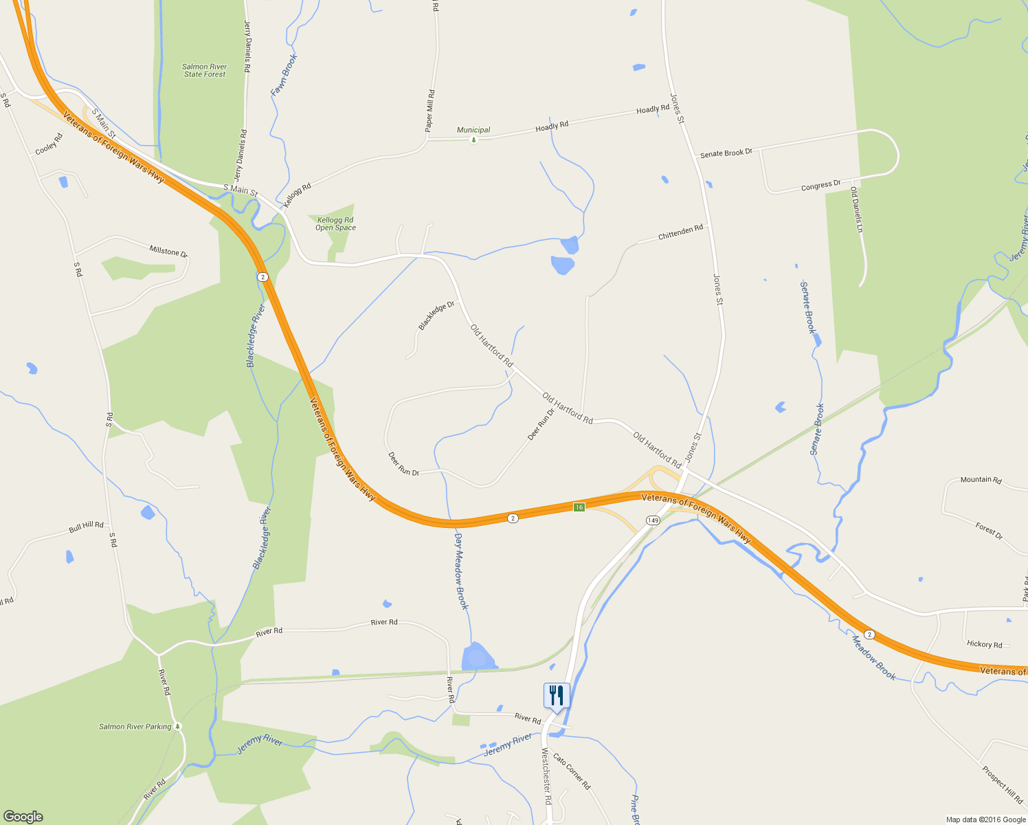 map of restaurants, bars, coffee shops, grocery stores, and more near 22 Deer Run Drive in Colchester