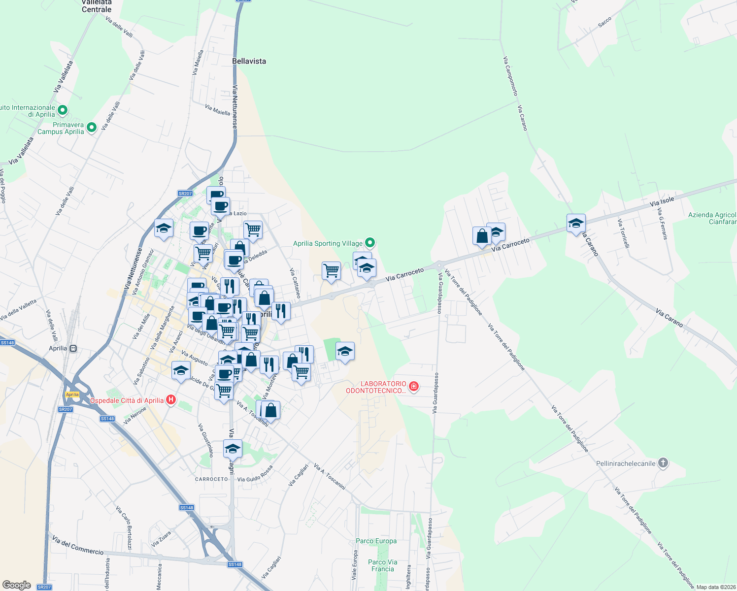 map of restaurants, bars, coffee shops, grocery stores, and more near 154 Via Carroceto in Provincia di Latina