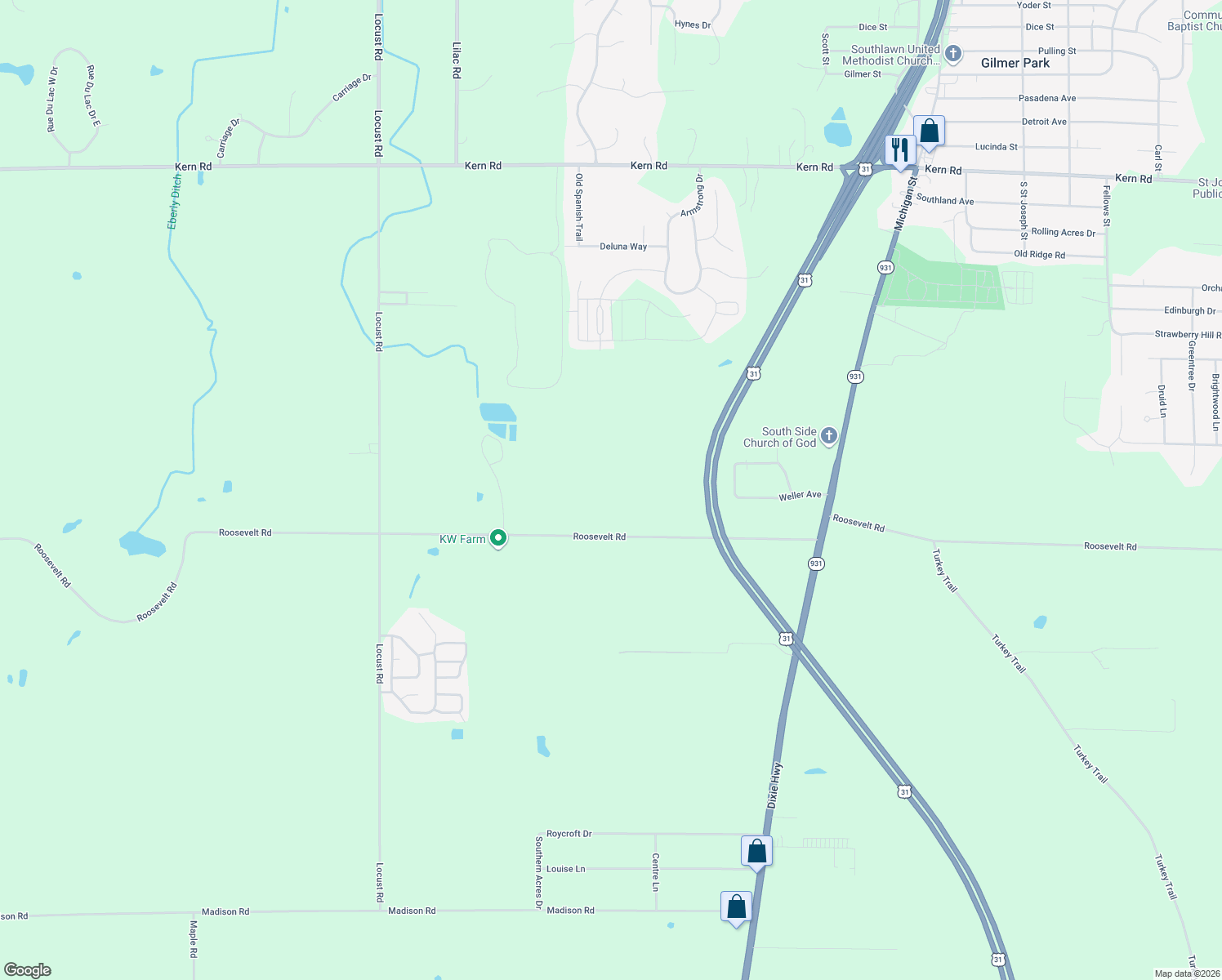 map of restaurants, bars, coffee shops, grocery stores, and more near 20929 Roosevelt Road in South Bend