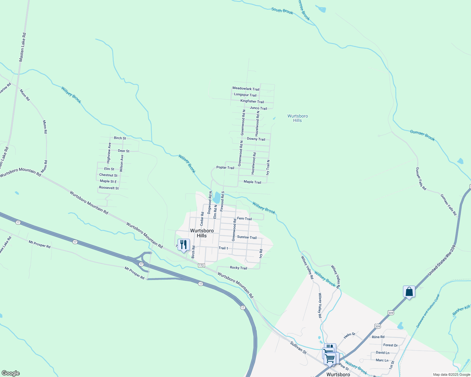 map of restaurants, bars, coffee shops, grocery stores, and more near 12 Locust Trail in Wurtsboro