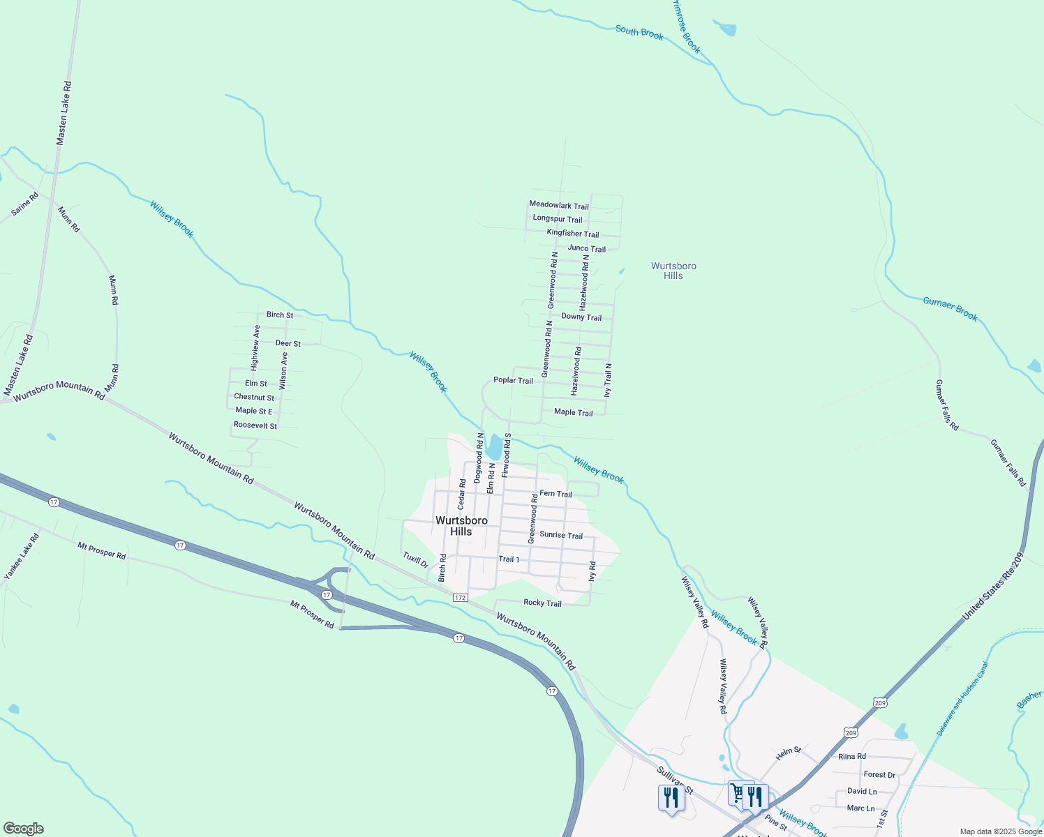 map of restaurants, bars, coffee shops, grocery stores, and more near 12 Locust Trail in Wurtsboro