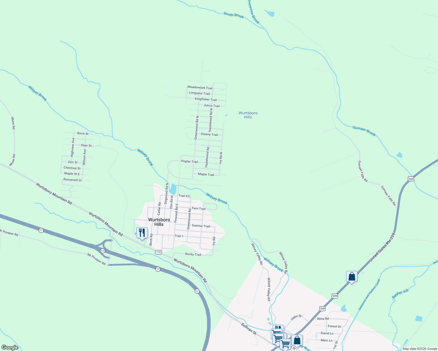 map of restaurants, bars, coffee shops, grocery stores, and more near 41 Maple Trail in Wurtsboro