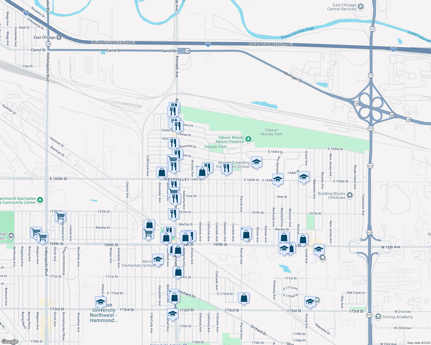 map of restaurants, bars, coffee shops, grocery stores, and more near 3024 Cleveland St in Hammond