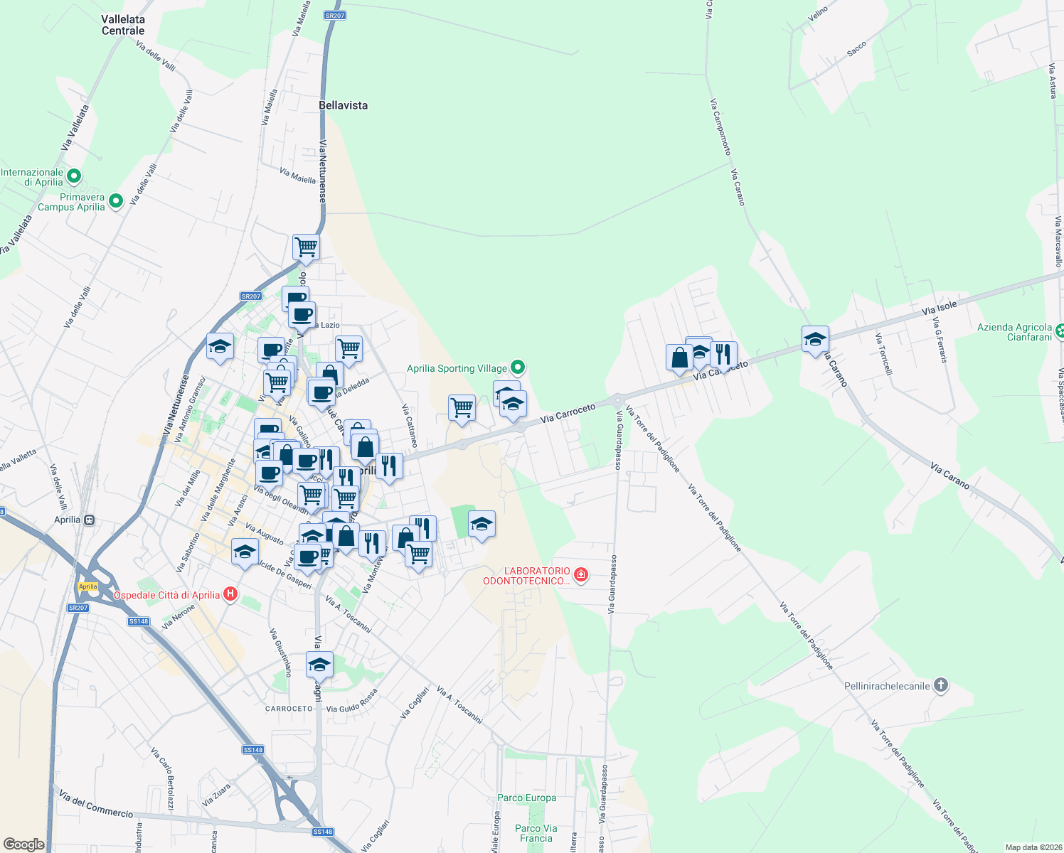 map of restaurants, bars, coffee shops, grocery stores, and more near 154 Via Carroceto in Aprilia