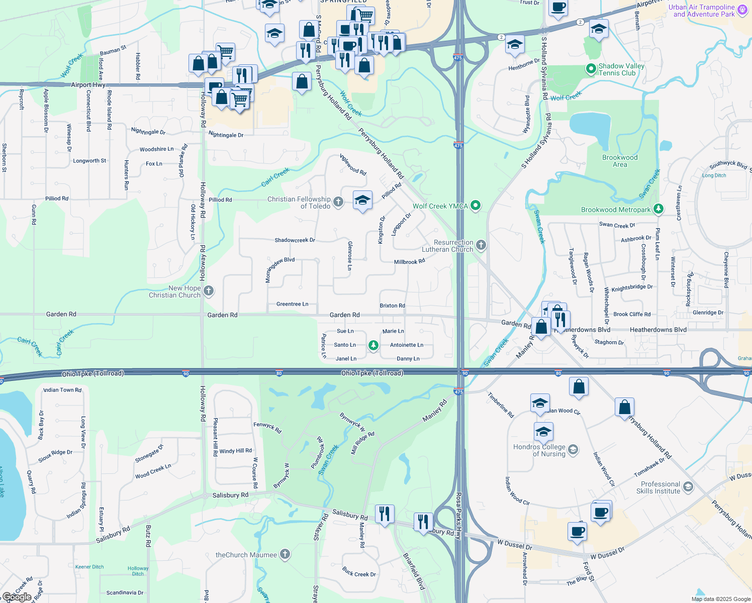 map of restaurants, bars, coffee shops, grocery stores, and more near 2426 Kenmoore Road in Maumee