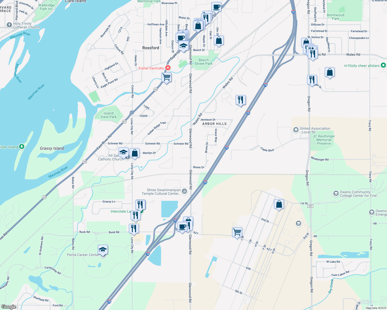 map of restaurants, bars, coffee shops, grocery stores, and more near 621 Glenwood Rd in Rossford
