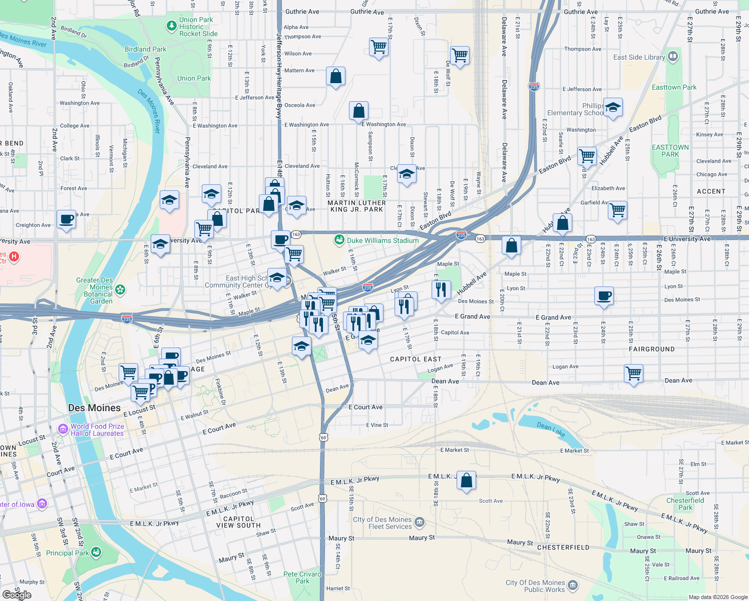 map of restaurants, bars, coffee shops, grocery stores, and more near 1613 Lyon Street in Des Moines