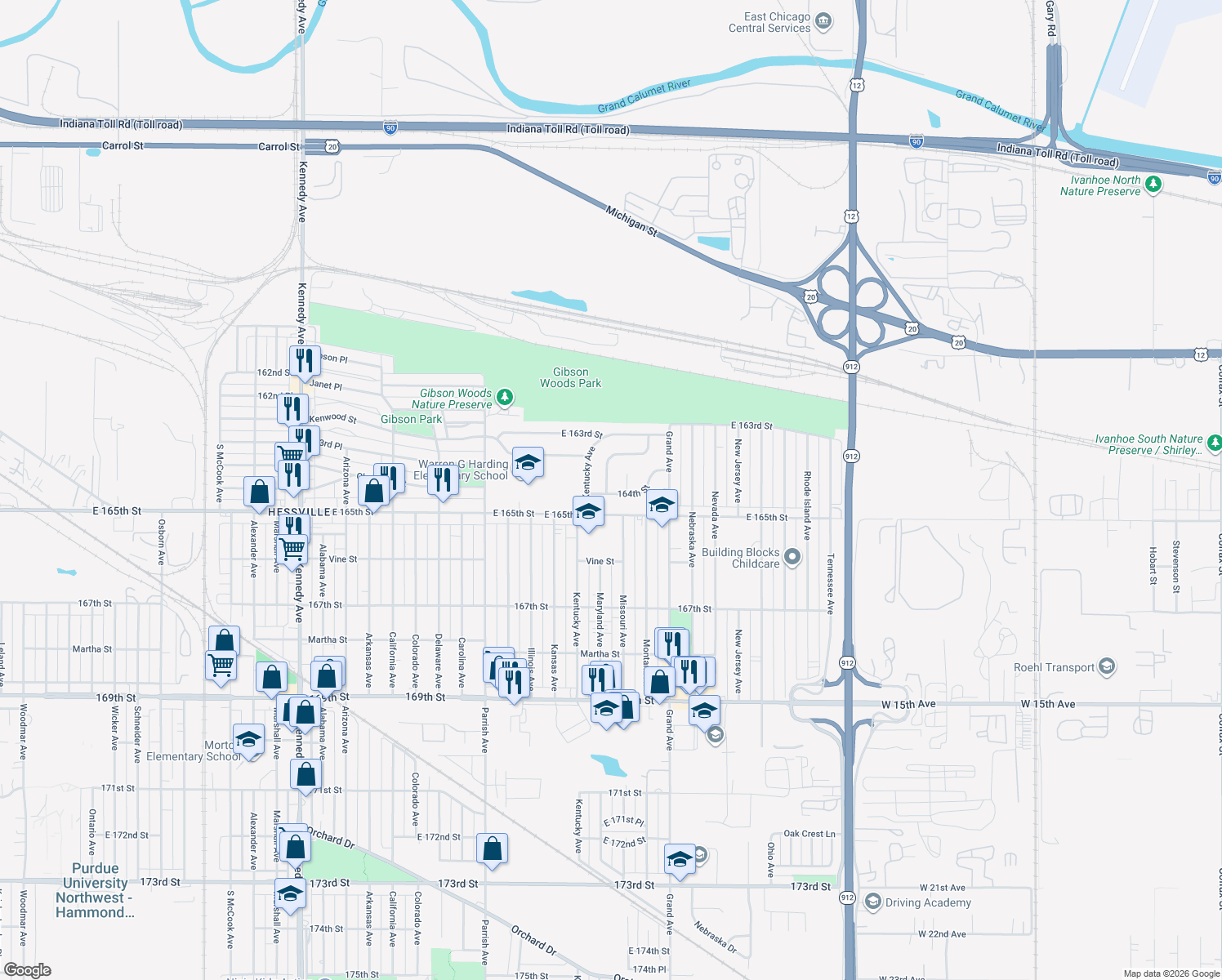 map of restaurants, bars, coffee shops, grocery stores, and more near 6423 Maryland Ave in Hammond