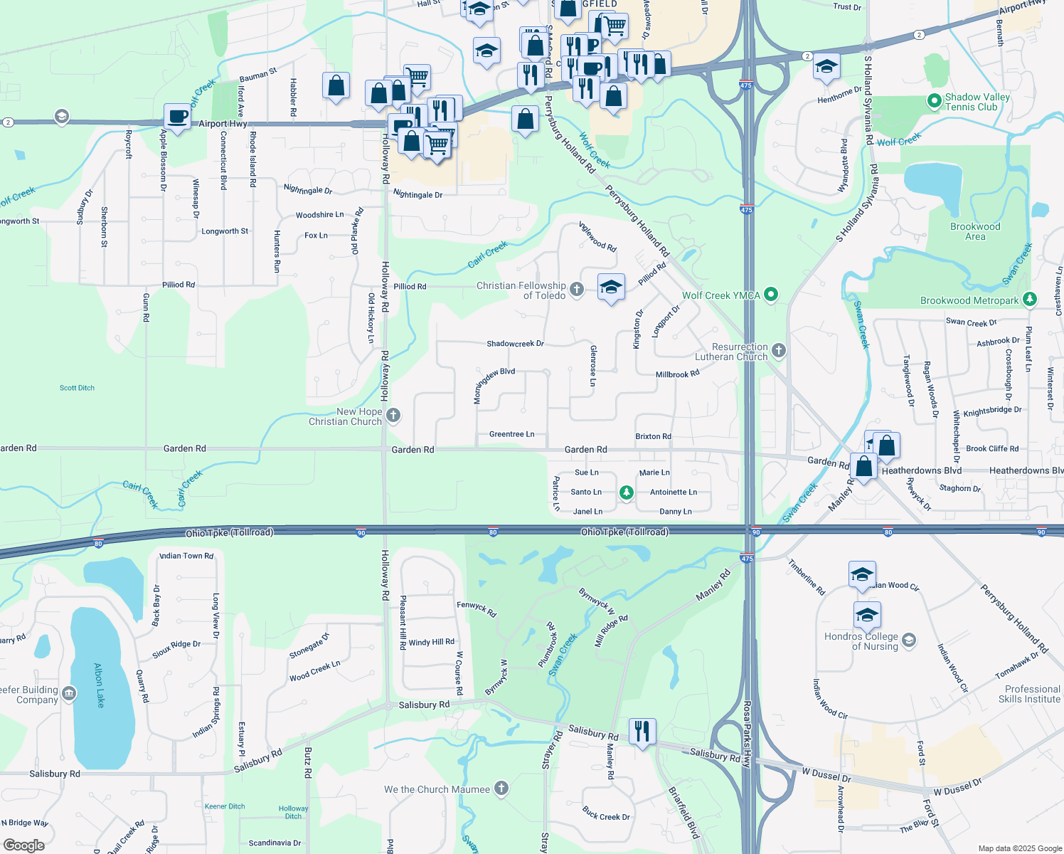 map of restaurants, bars, coffee shops, grocery stores, and more near 6826 Greentree Ln in Maumee