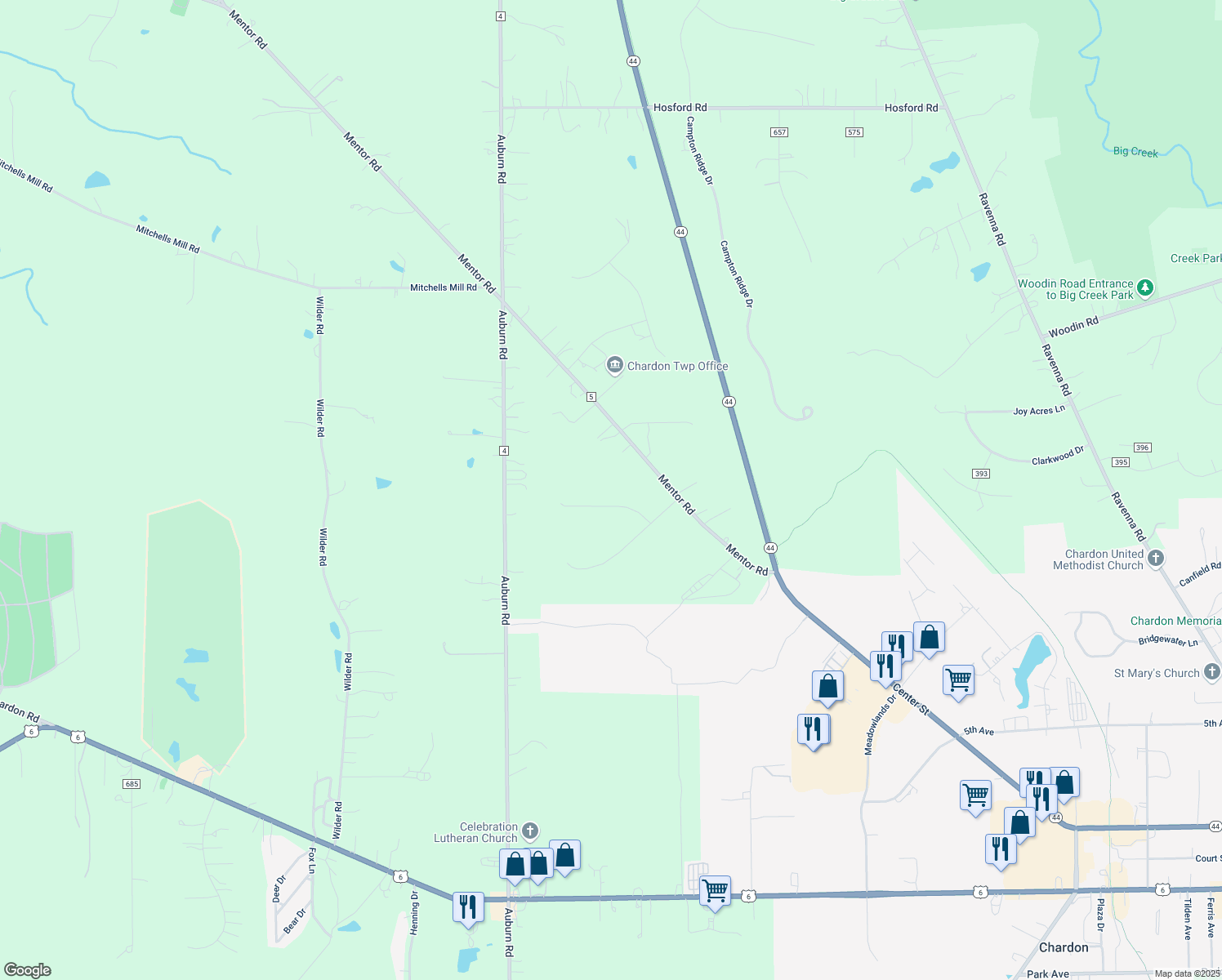 map of restaurants, bars, coffee shops, grocery stores, and more near 11250 Brentwood Lane in Chardon