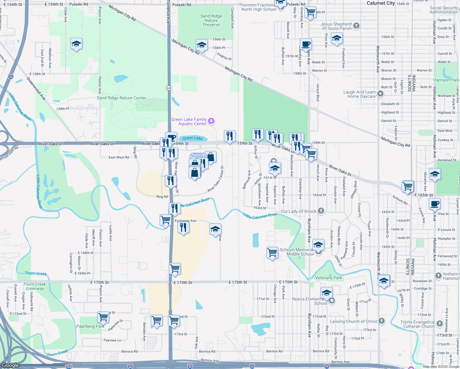 map of restaurants, bars, coffee shops, grocery stores, and more near 1322 River Dr in Calumet City