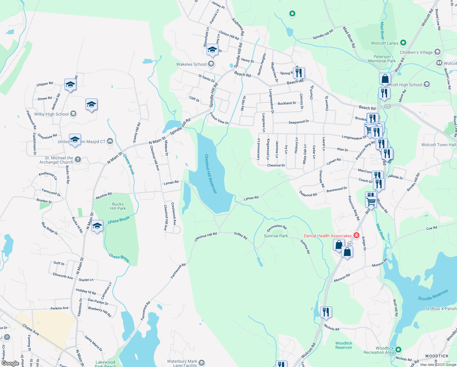 map of restaurants, bars, coffee shops, grocery stores, and more near 480 Lyman Road in Wolcott