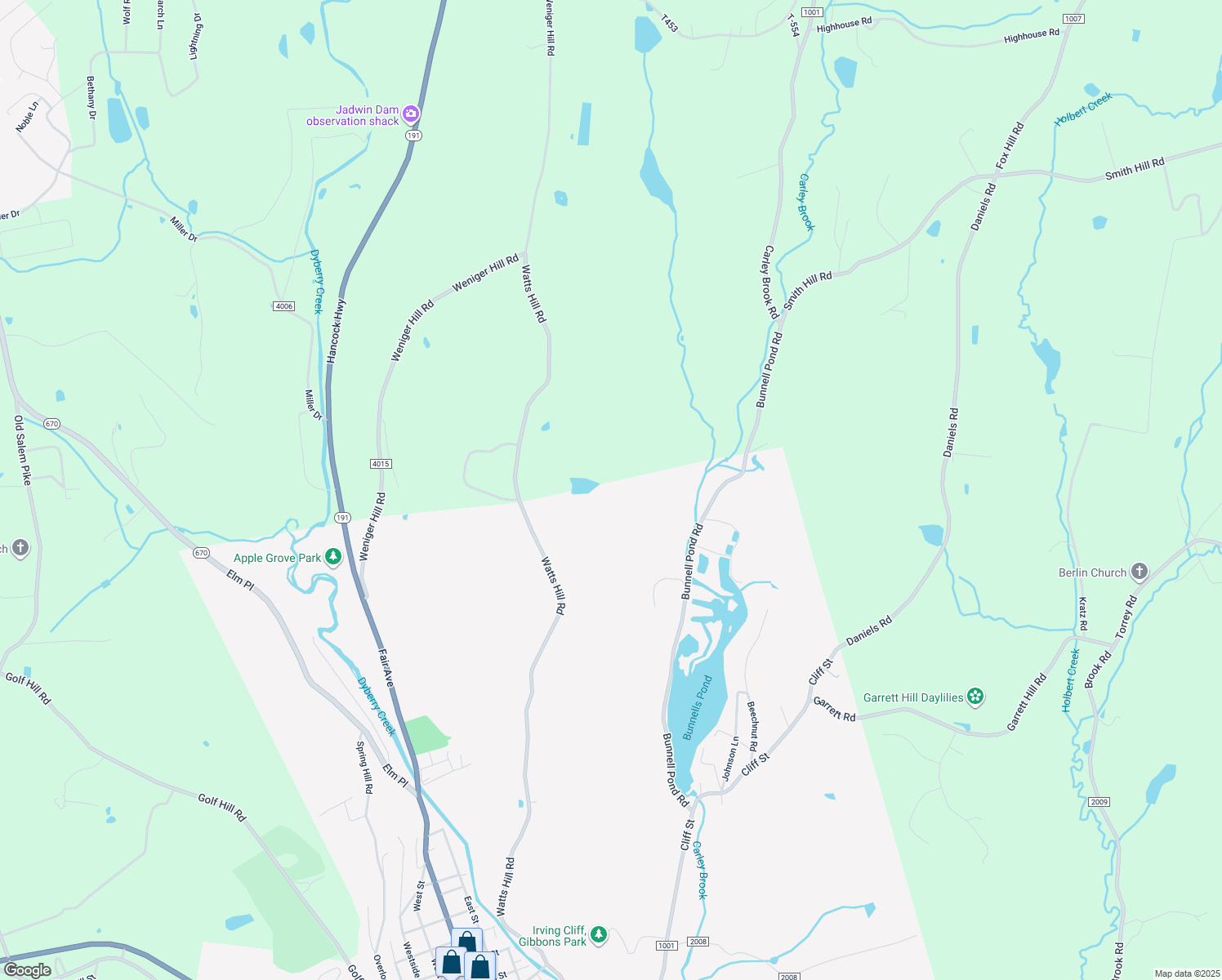 map of restaurants, bars, coffee shops, grocery stores, and more near 284 Watts Hill Road in Honesdale