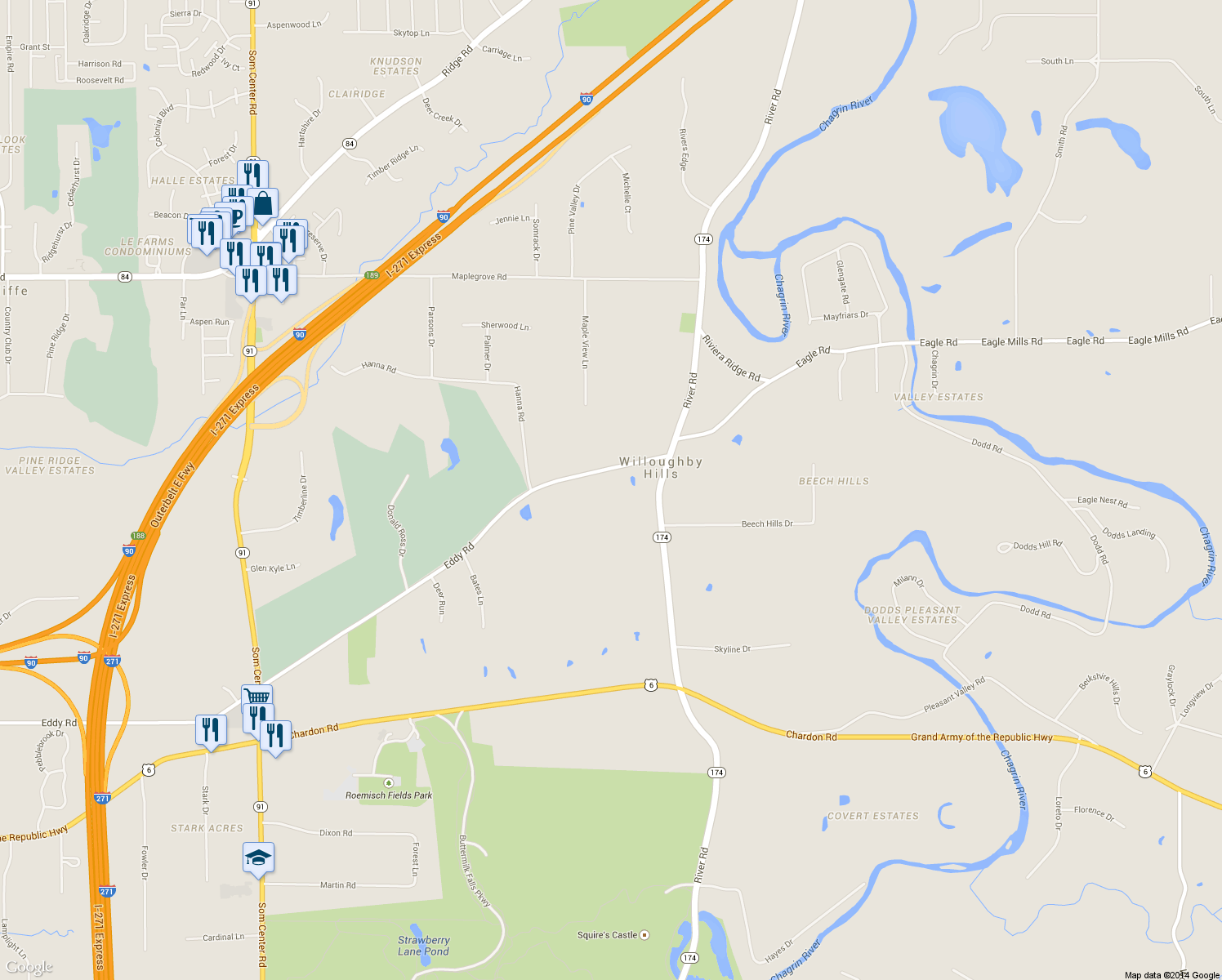 map of restaurants, bars, coffee shops, grocery stores, and more near 36300 Eddy Road in Willoughby Hills
