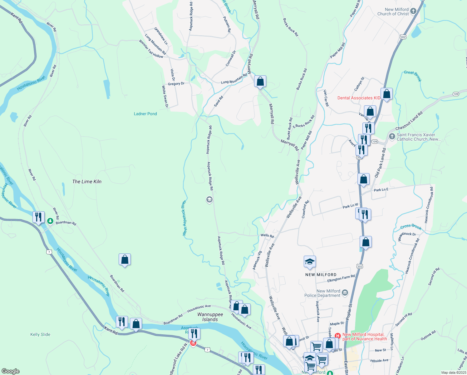 map of restaurants, bars, coffee shops, grocery stores, and more near 37 Bayberry Lane in New Milford