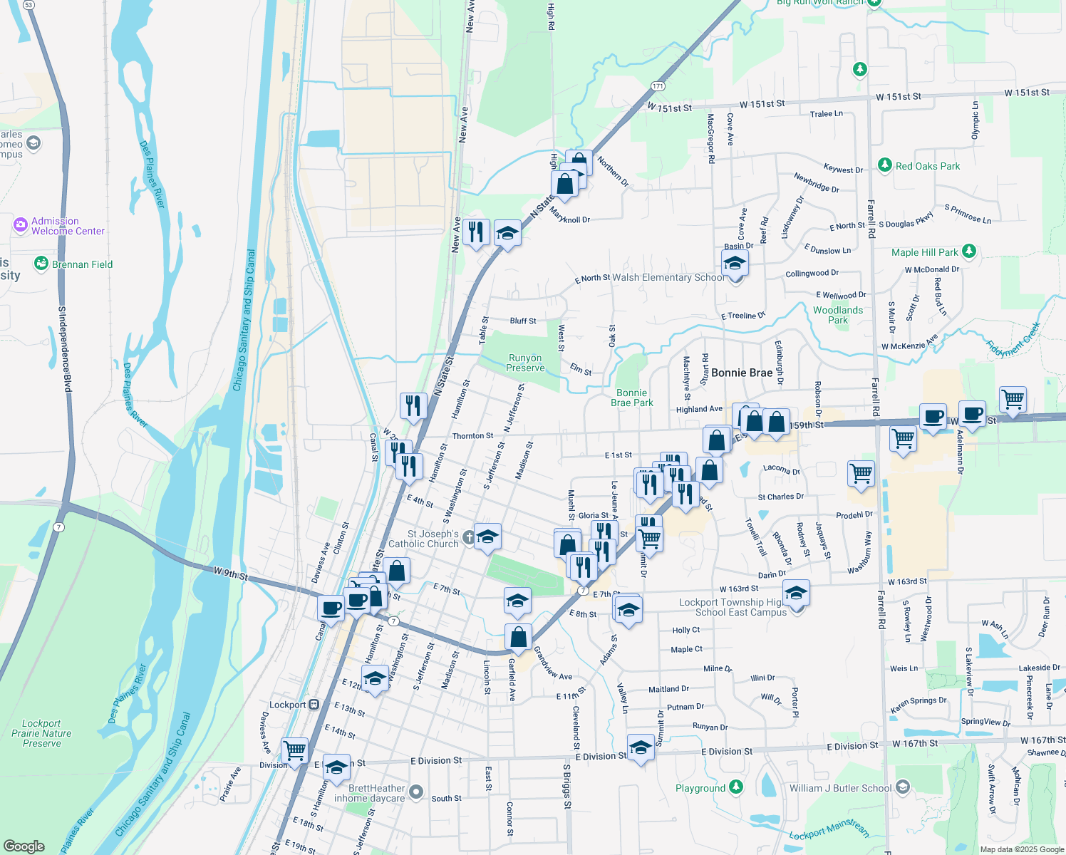 map of restaurants, bars, coffee shops, grocery stores, and more near 440 Thornton Street in Lockport