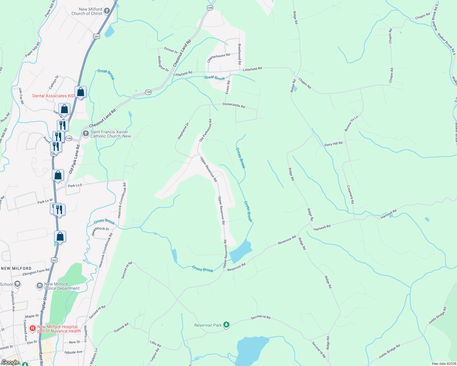 map of restaurants, bars, coffee shops, grocery stores, and more near 11 Broadview Lane in New Milford