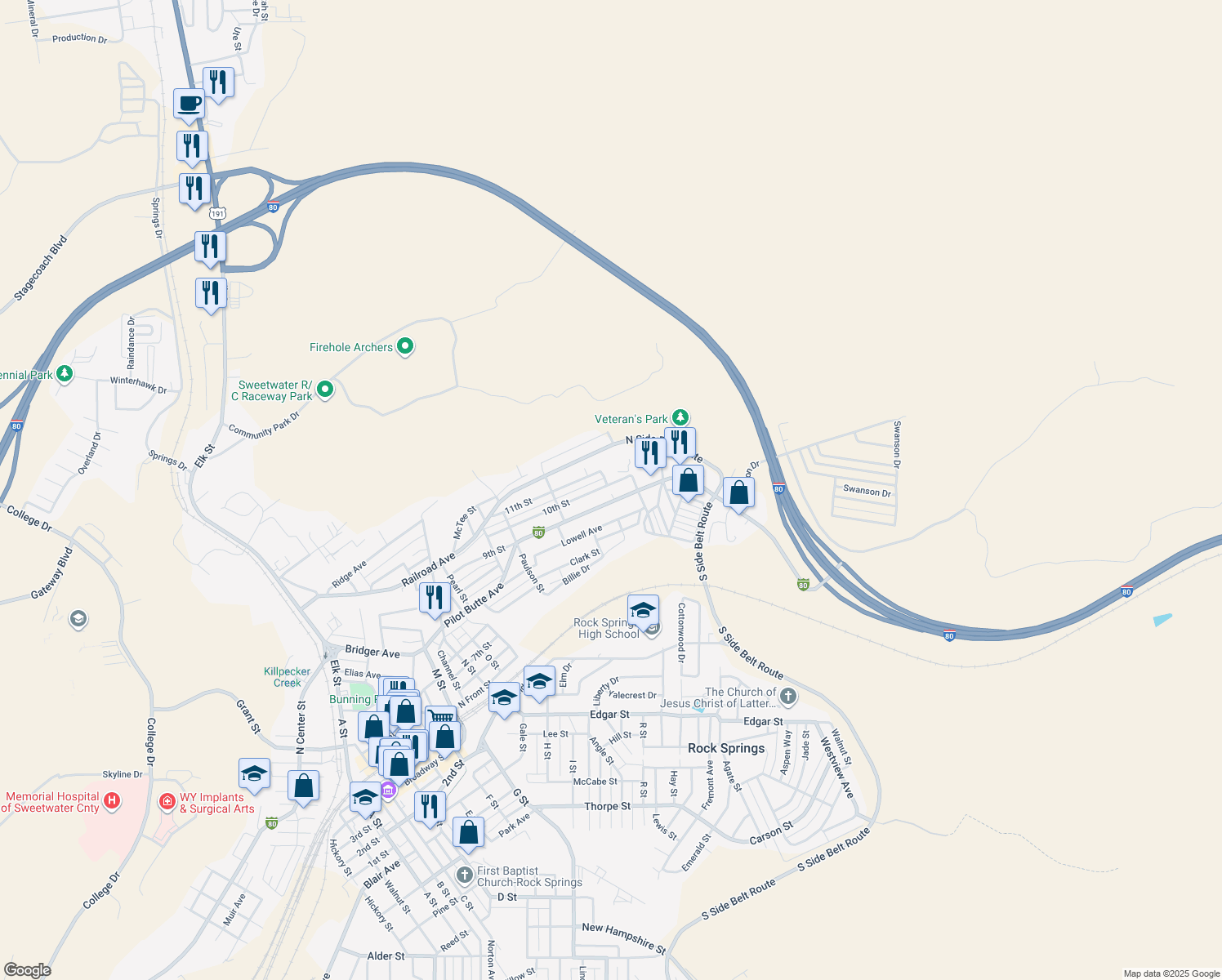 map of restaurants, bars, coffee shops, grocery stores, and more near 1416 10th St in Rock Springs