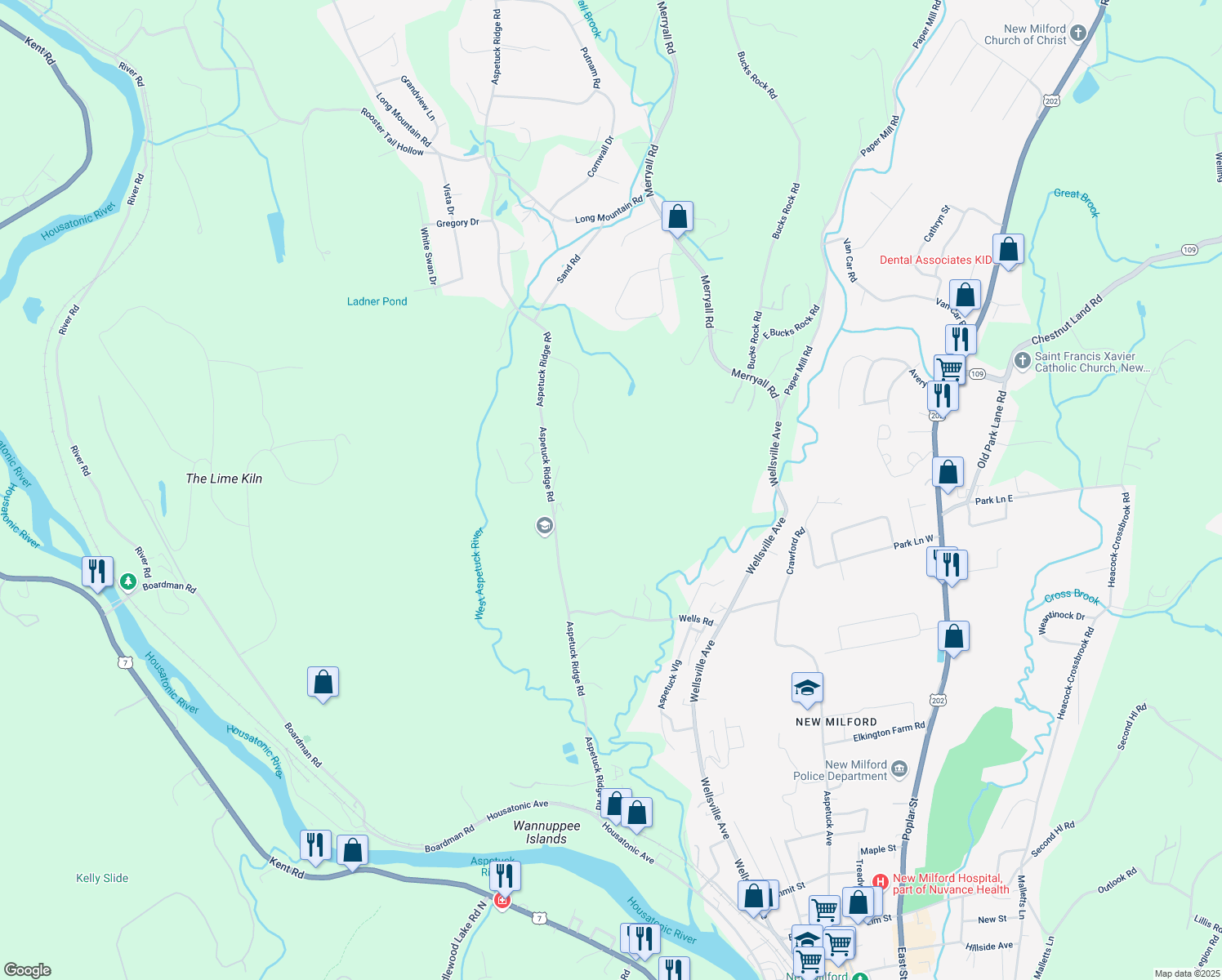 map of restaurants, bars, coffee shops, grocery stores, and more near 37 Bayberry Lane in New Milford