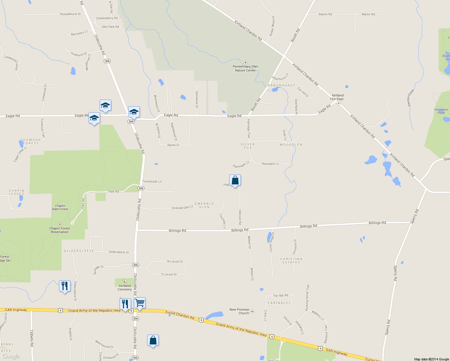 map of restaurants, bars, coffee shops, grocery stores, and more near 8533 Highland Court in Kirtland