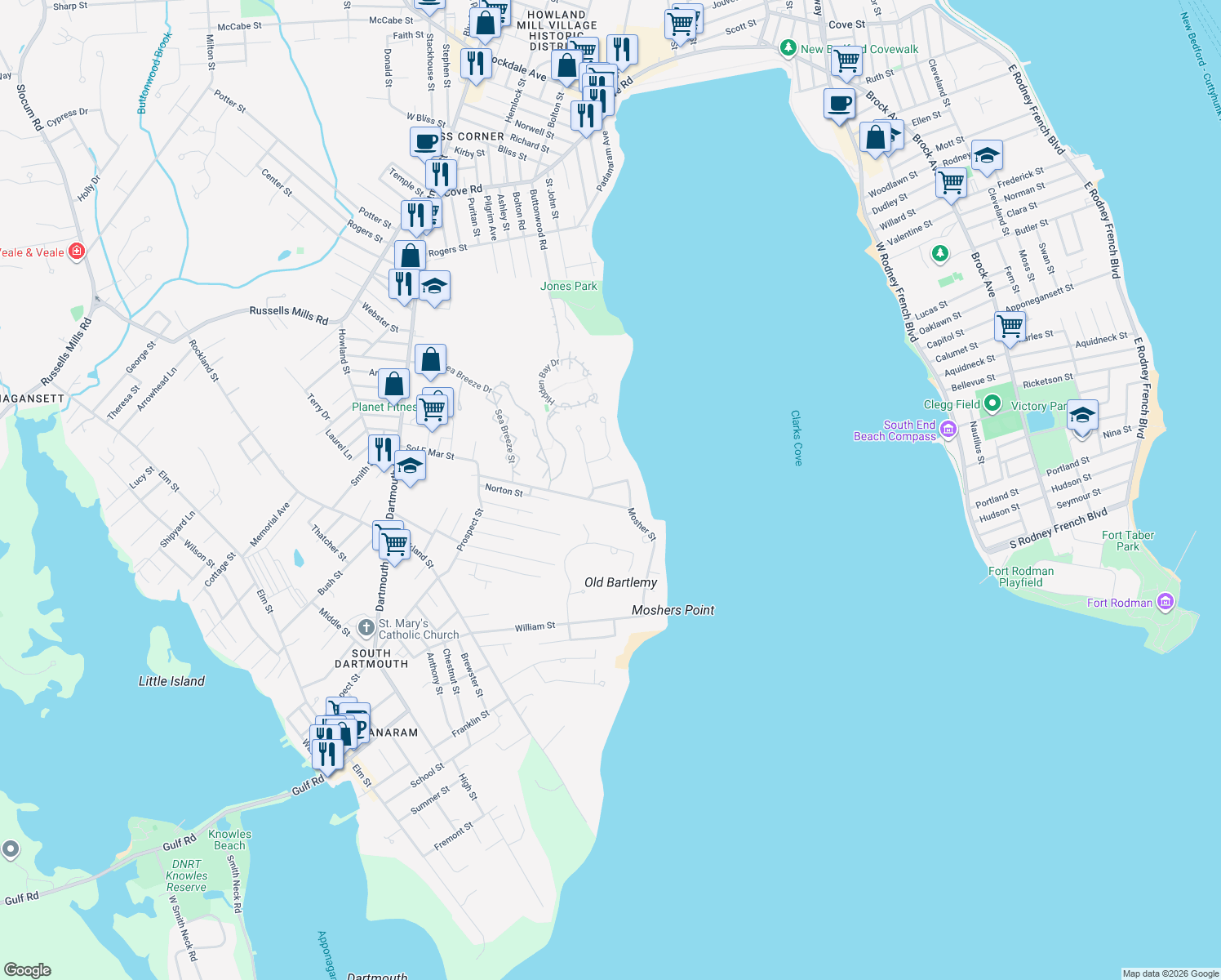 map of restaurants, bars, coffee shops, grocery stores, and more near 6 Redwood St in Dartmouth