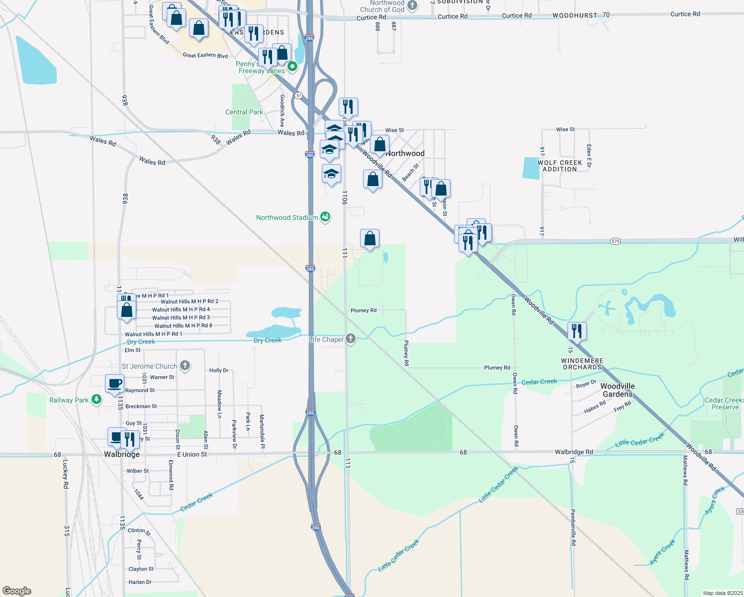 map of restaurants, bars, coffee shops, grocery stores, and more near 3325 Plumey Road in Northwood