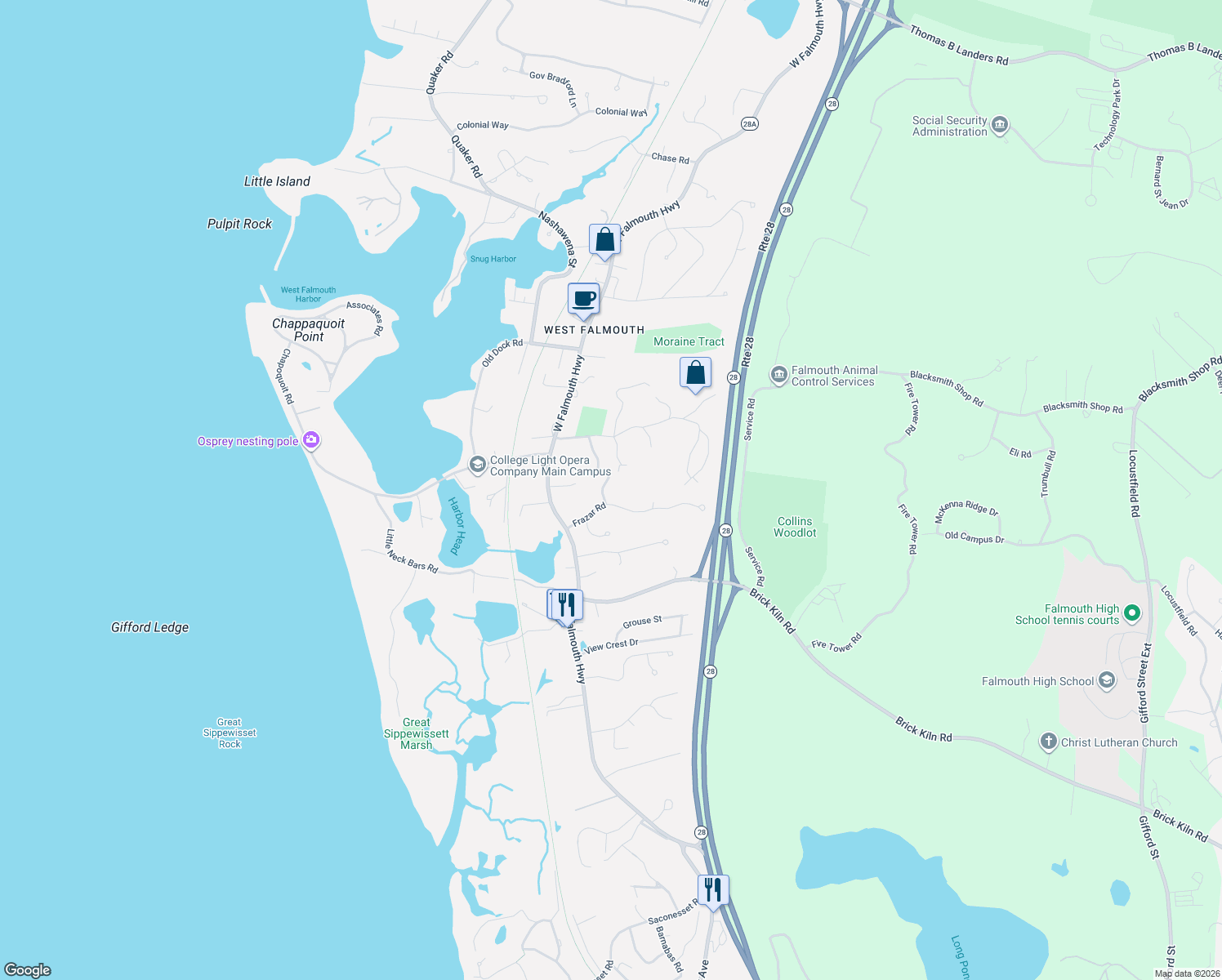 map of restaurants, bars, coffee shops, grocery stores, and more near 39 Frazar Road in Falmouth