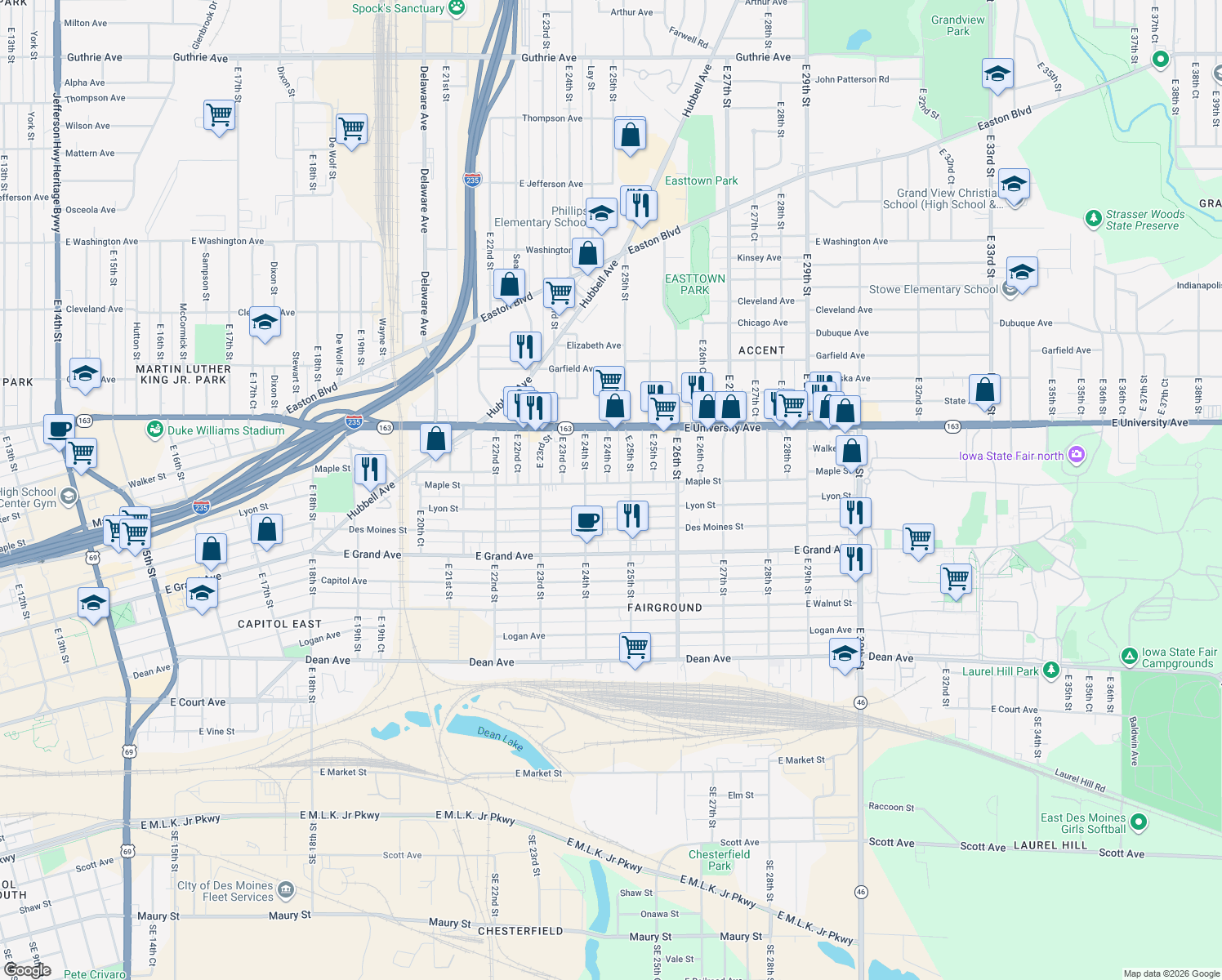 map of restaurants, bars, coffee shops, grocery stores, and more near 2427 Maple Street in Des Moines