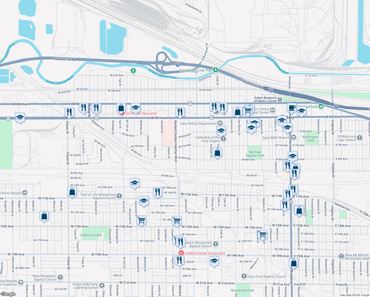 map of restaurants, bars, coffee shops, grocery stores, and more near 709 Johnson St in Gary