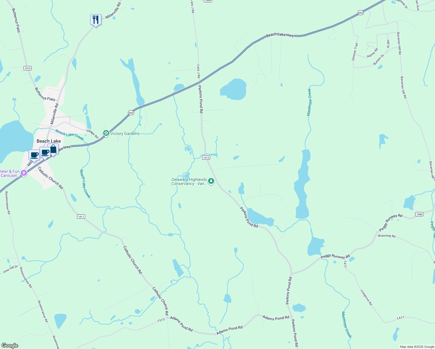 map of restaurants, bars, coffee shops, grocery stores, and more near 584 Perkins Pond Rd in Beach Lake