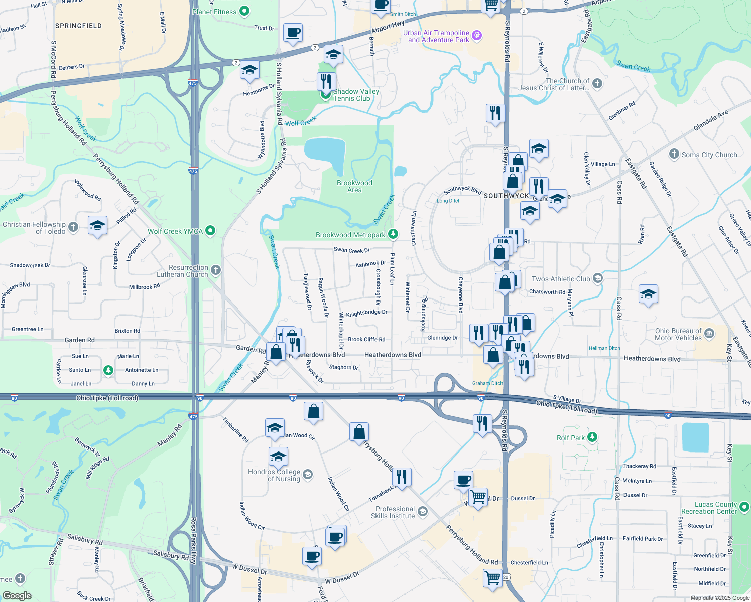 map of restaurants, bars, coffee shops, grocery stores, and more near 2334 Crossbough Drive in Toledo