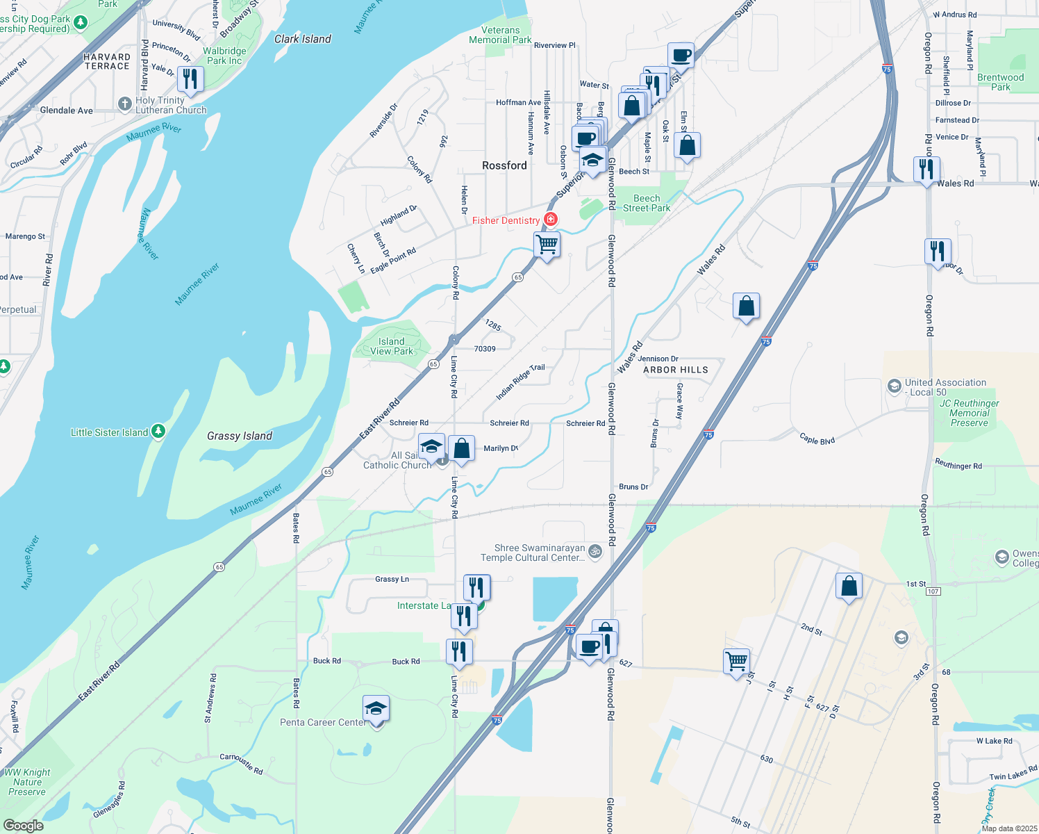 map of restaurants, bars, coffee shops, grocery stores, and more near 561 Maybar Drive in Rossford