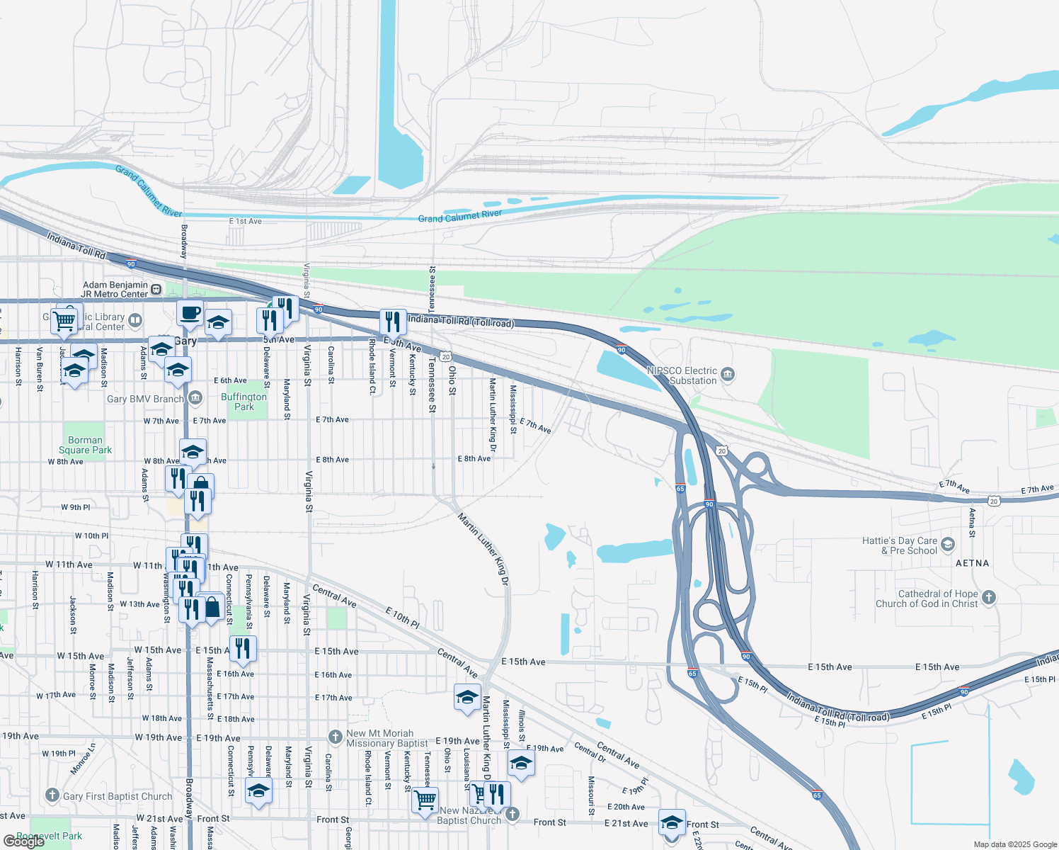 map of restaurants, bars, coffee shops, grocery stores, and more near 1653 East 7th Avenue in Gary