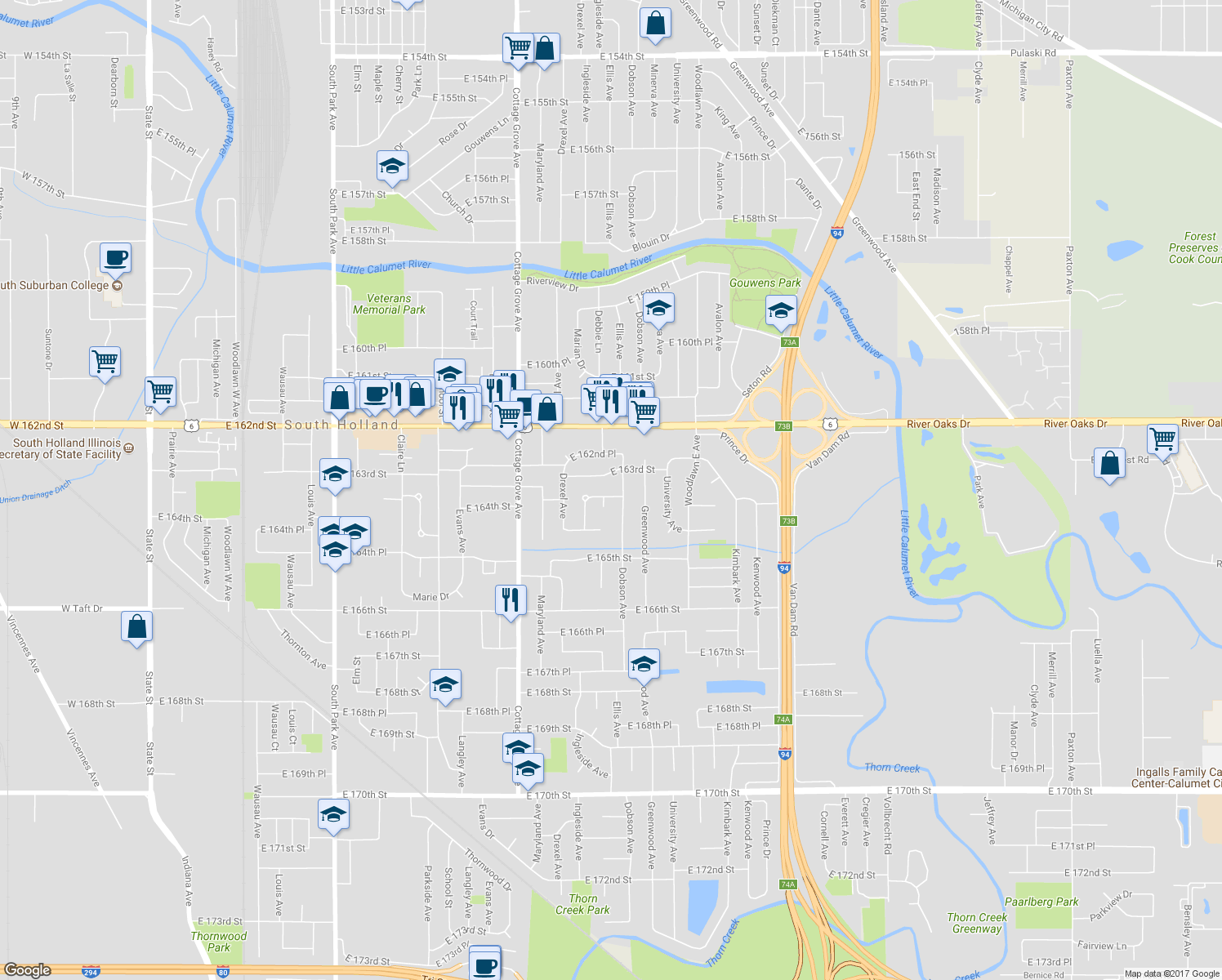 map of restaurants, bars, coffee shops, grocery stores, and more near 1006 East 163rd Street in South Holland