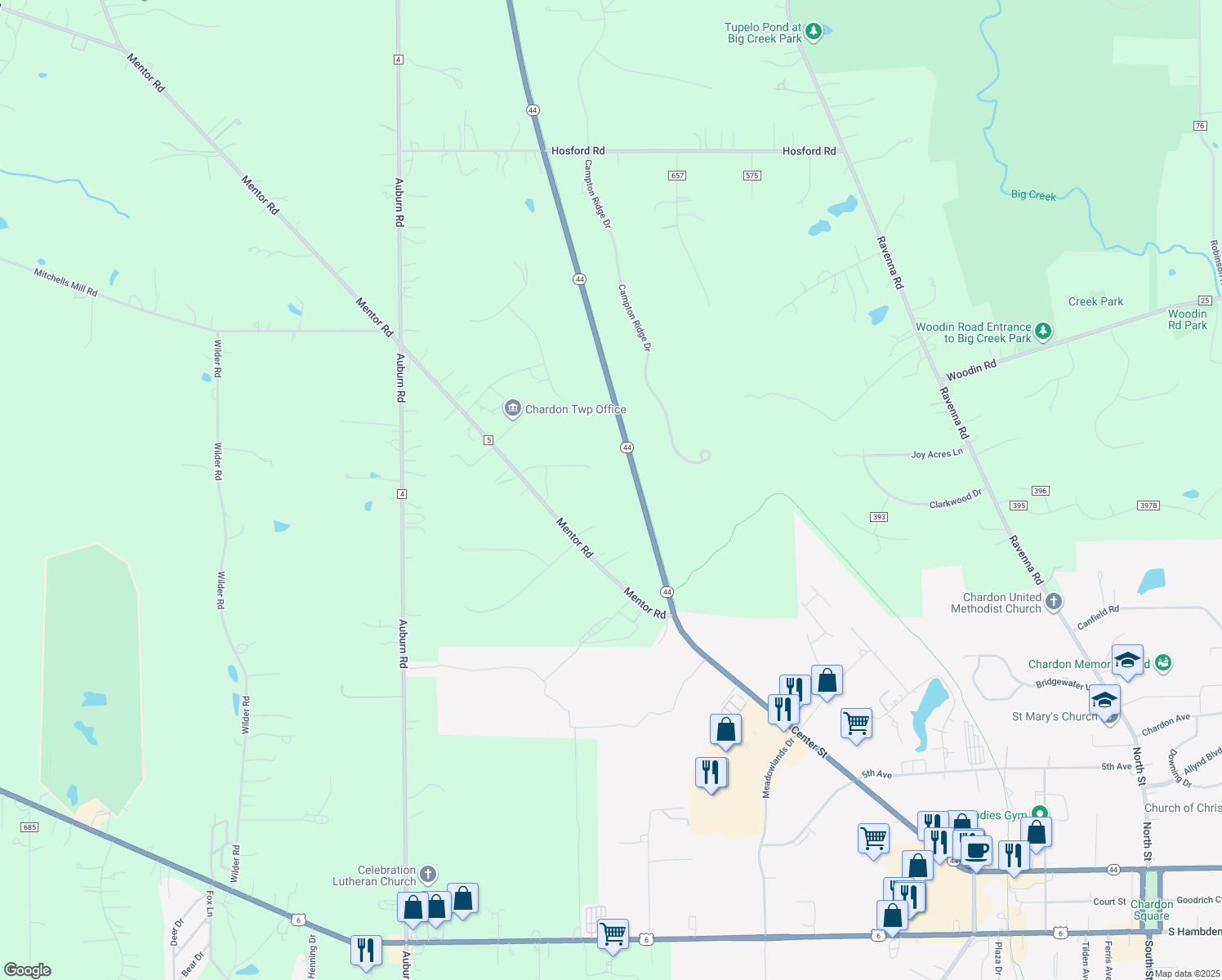 map of restaurants, bars, coffee shops, grocery stores, and more near 11375 Woodie Glen Drive in Chardon