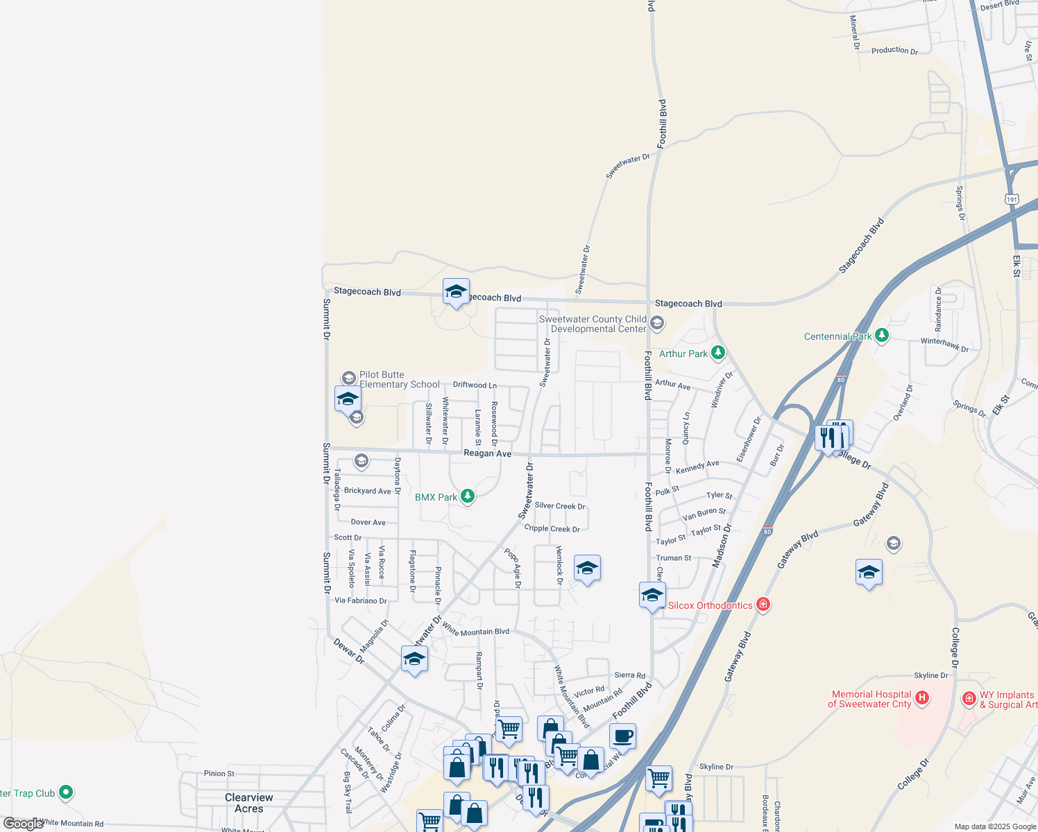map of restaurants, bars, coffee shops, grocery stores, and more near 1012 Wood Haven Dr in Rock Springs