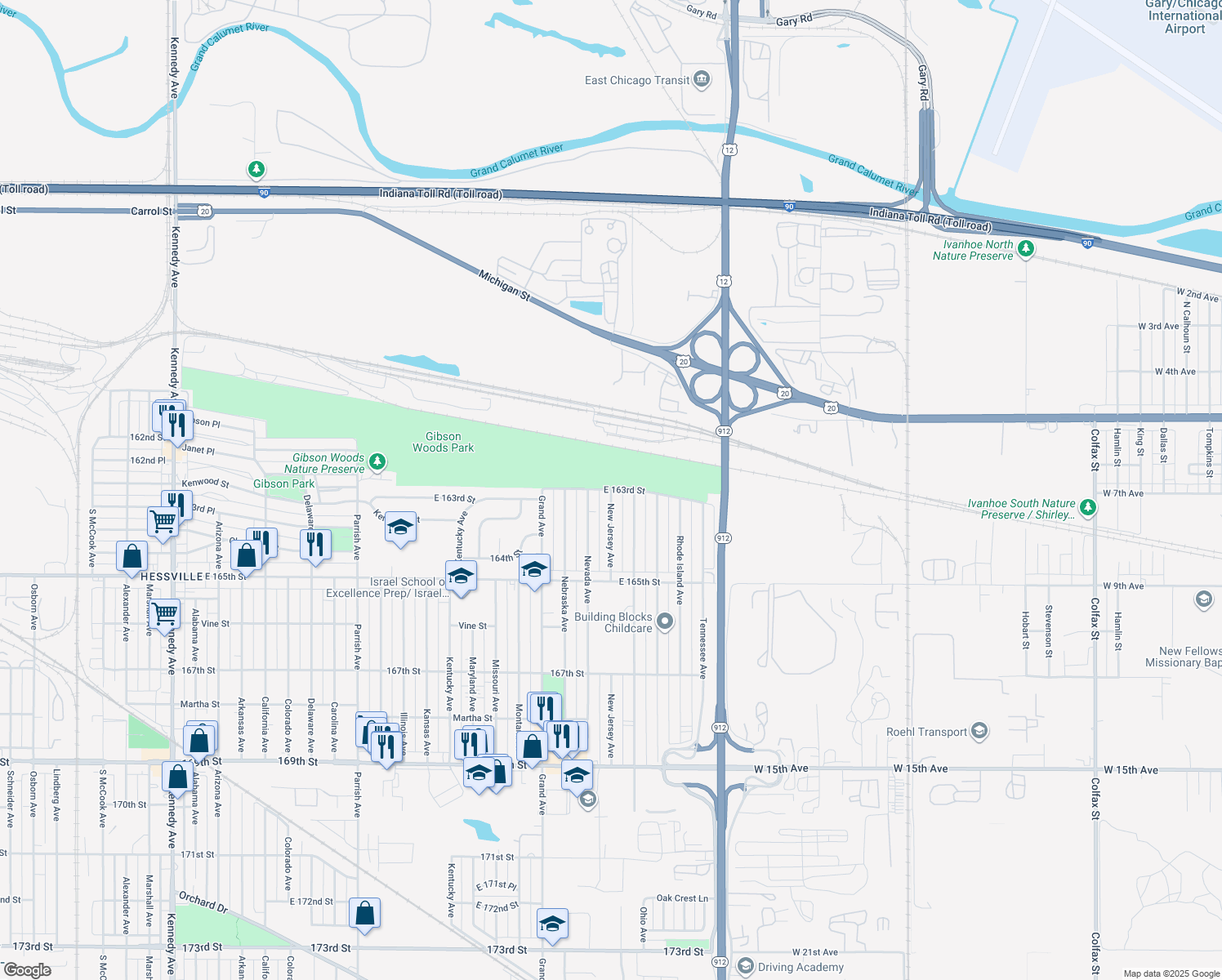 map of restaurants, bars, coffee shops, grocery stores, and more near 3727 E 163rd St in Hammond