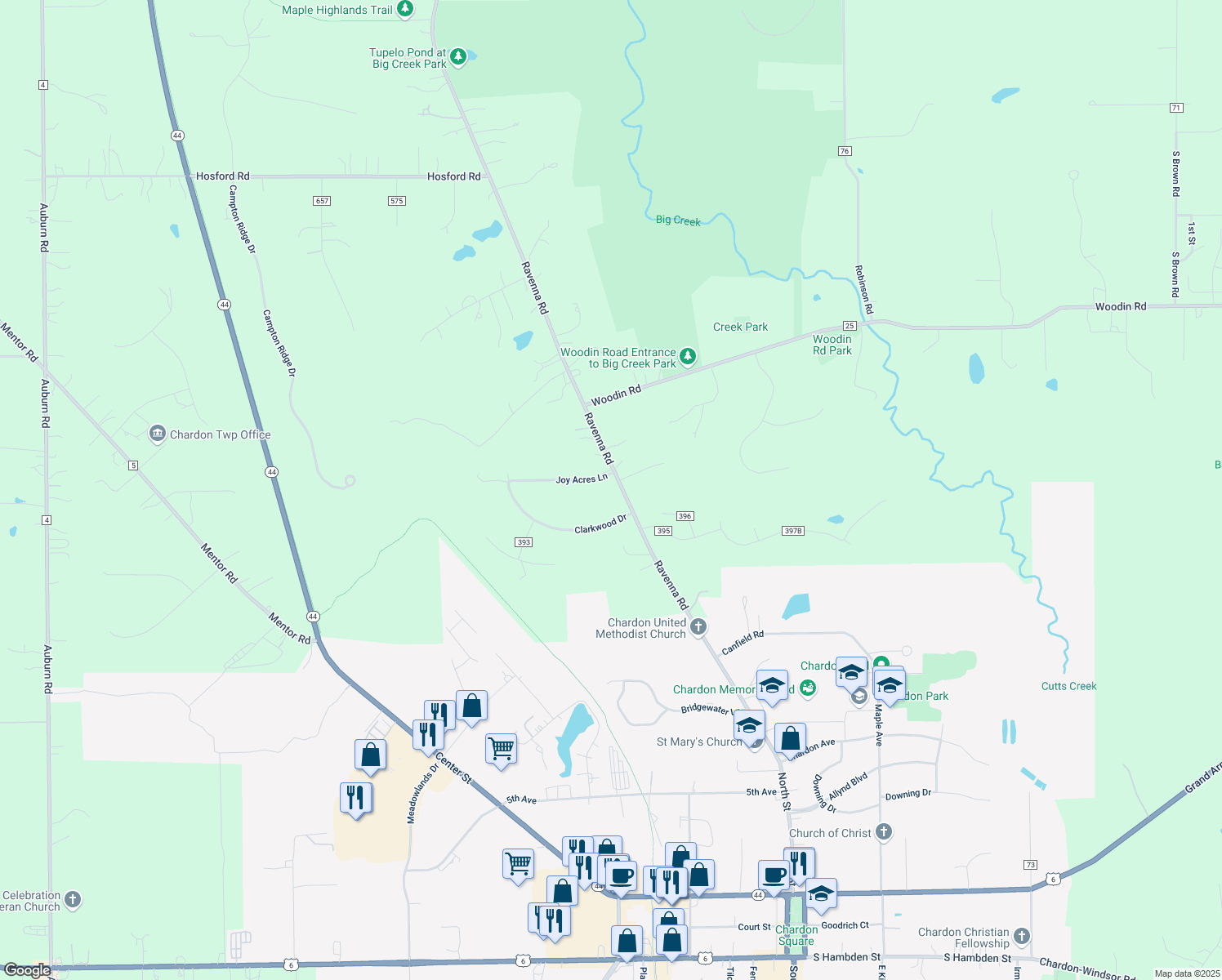 map of restaurants, bars, coffee shops, grocery stores, and more near 9990 Ravenna Rd in Chardon